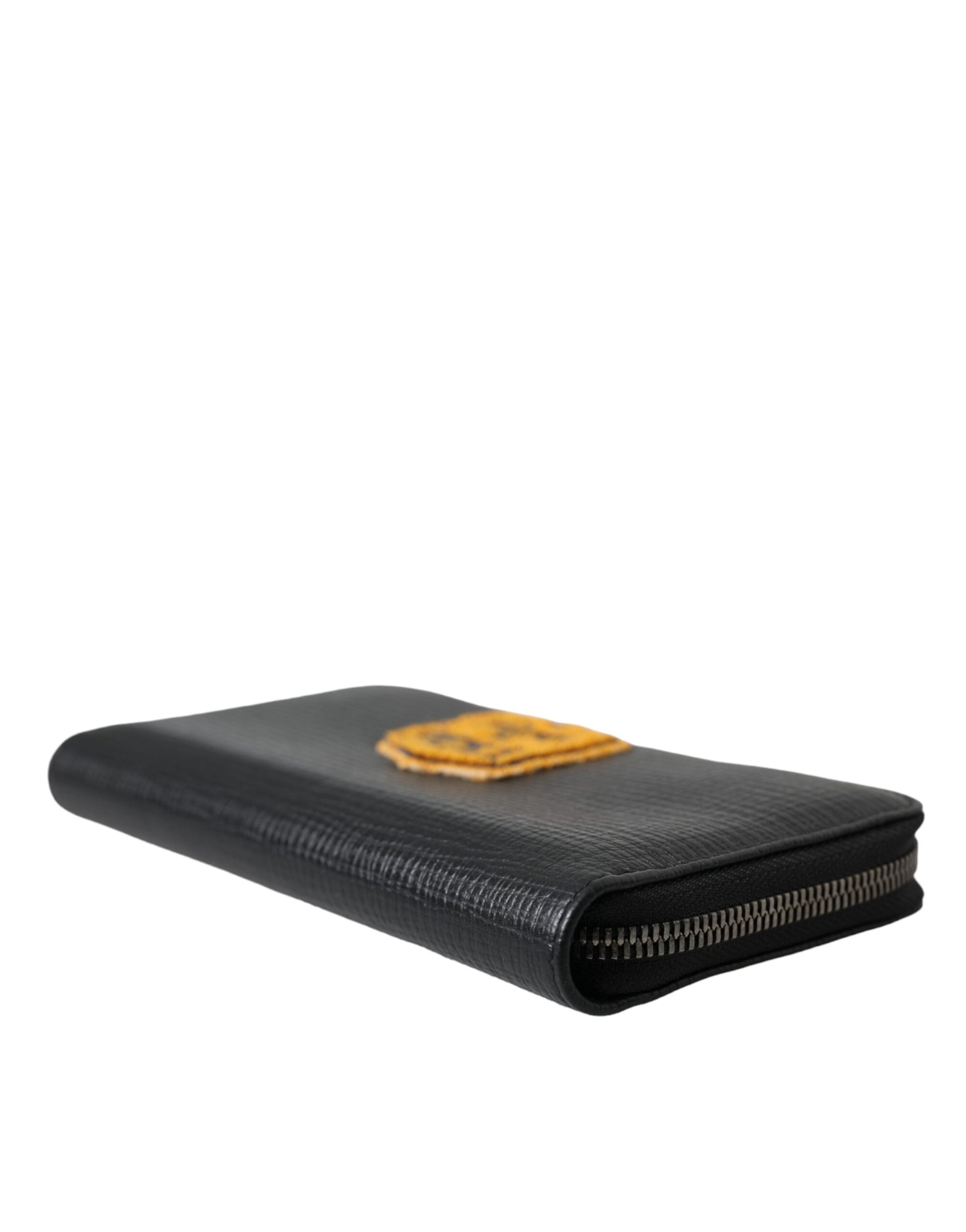 Portefeuille continental zippé en cuir noir Dolce &amp; Gabbana avec patch logo