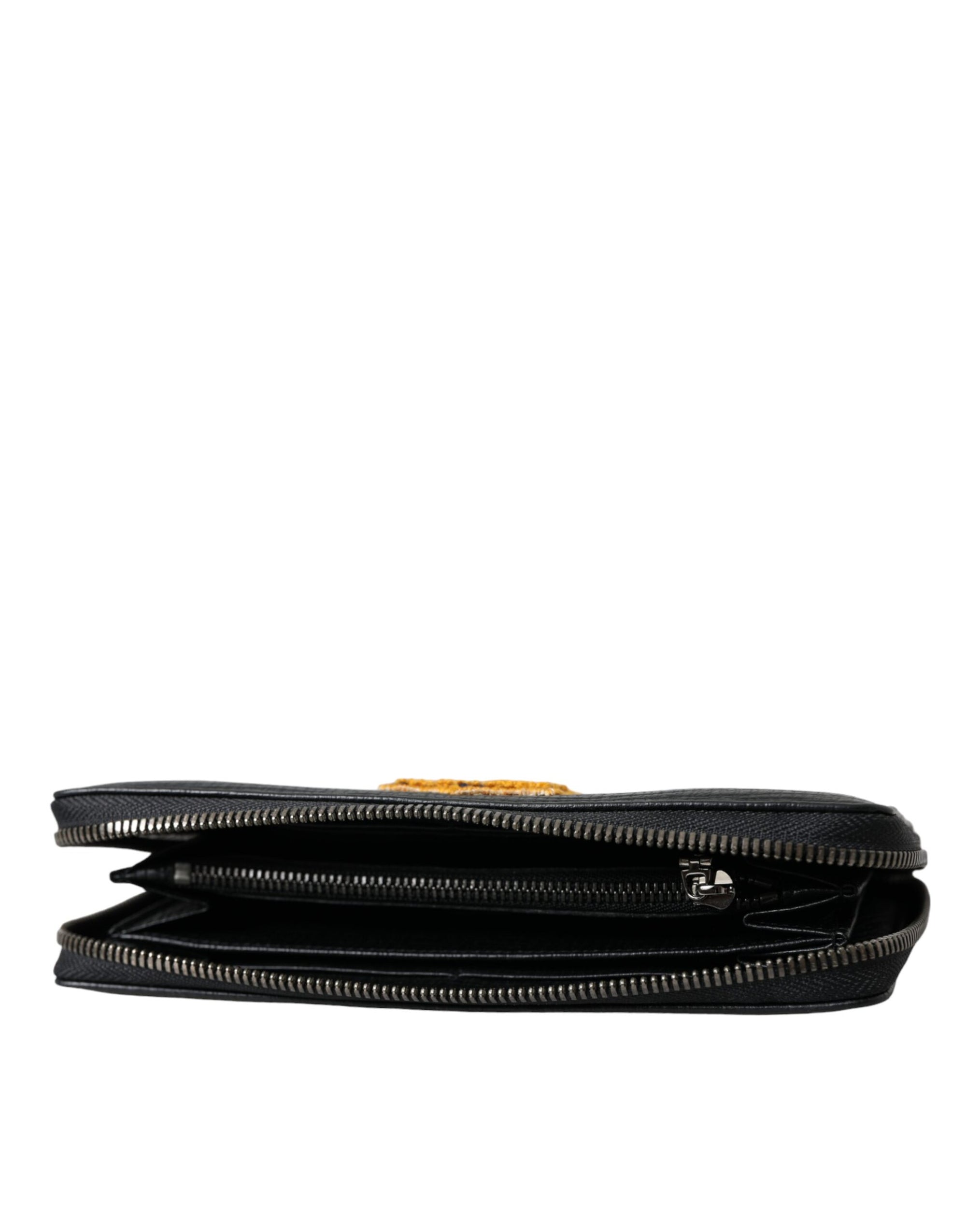 Portefeuille continental zippé en cuir noir Dolce &amp; Gabbana avec patch logo