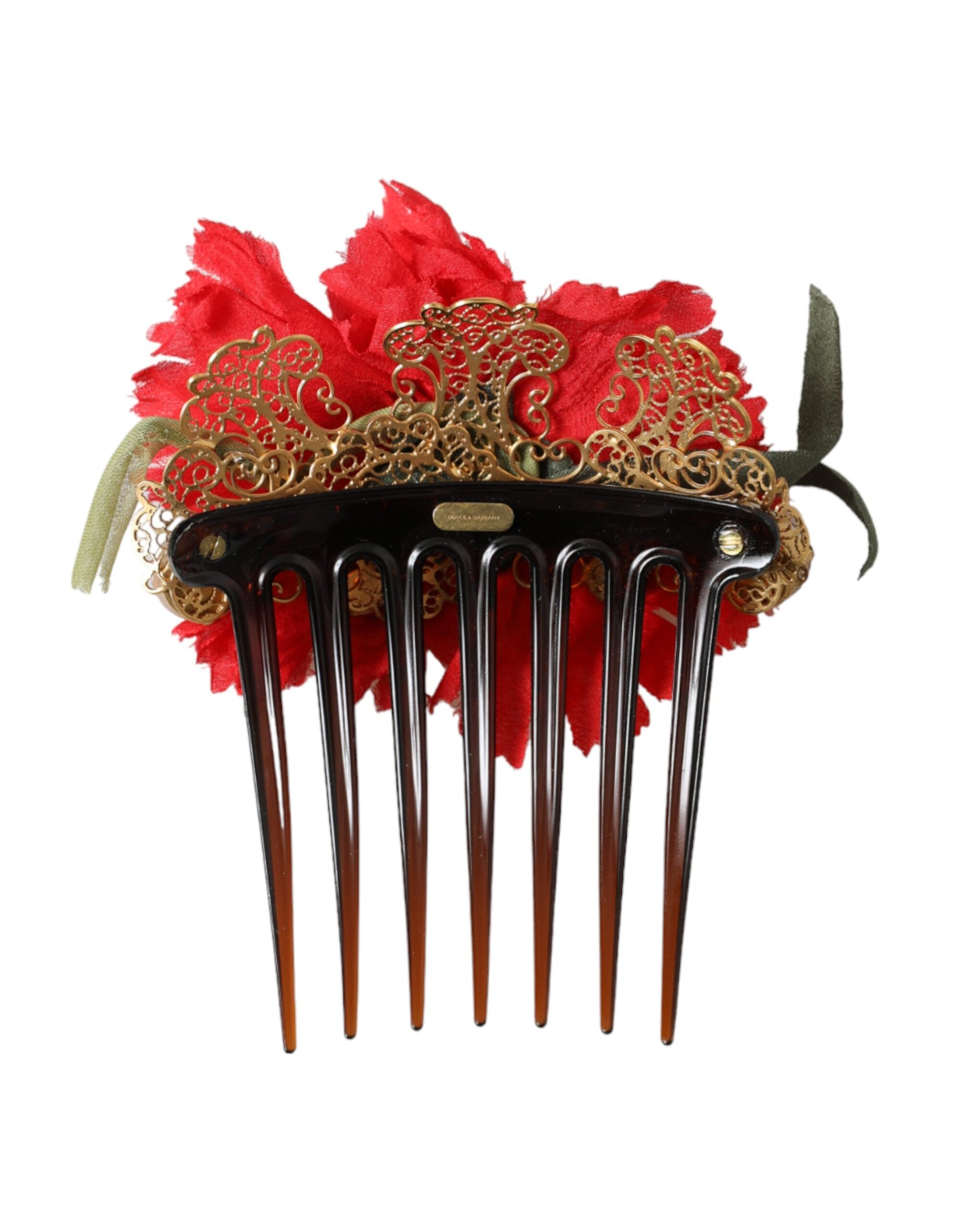 Peigne à cheveux Dolce &amp; Gabbana en soie rouge et laiton doré pour femme
