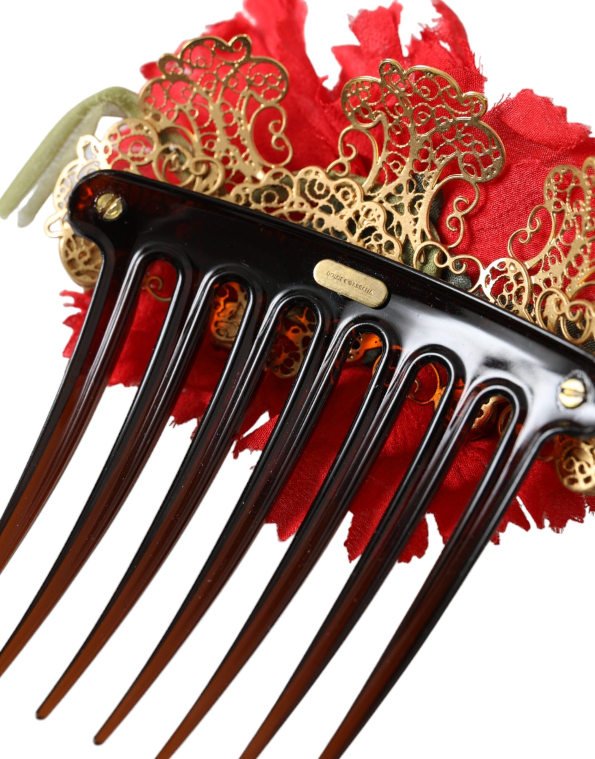 Peigne à cheveux Dolce &amp; Gabbana en soie rouge et laiton doré pour femme