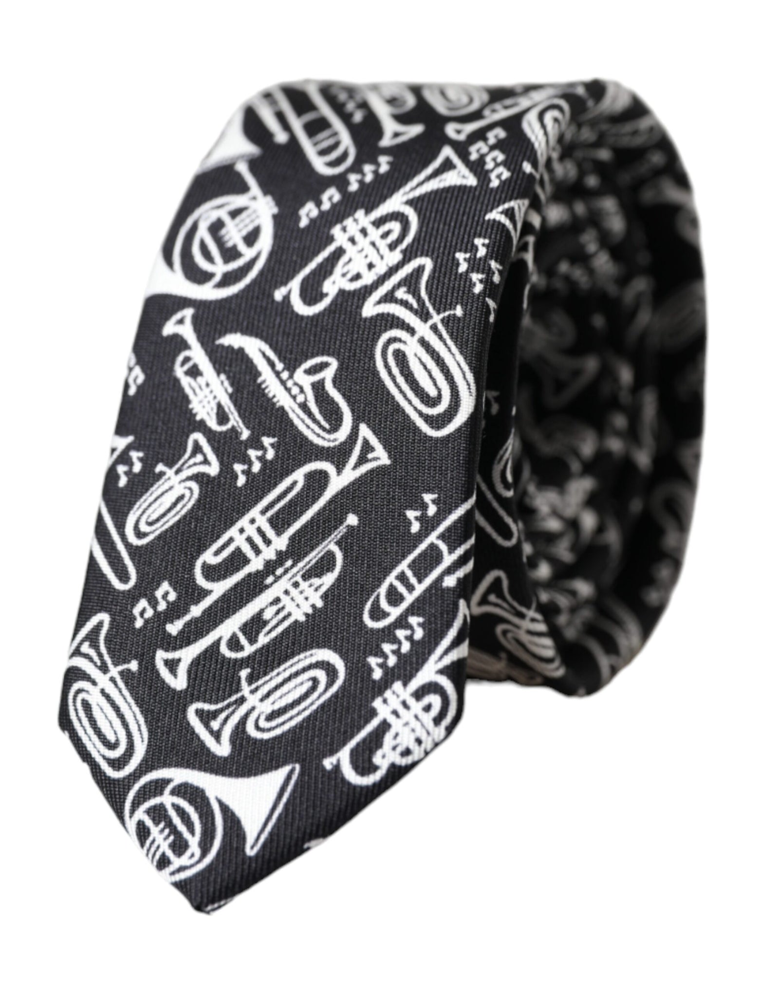 Dolce &amp; Gabbana Black Trumpet Print Silk Adjustable Tie
