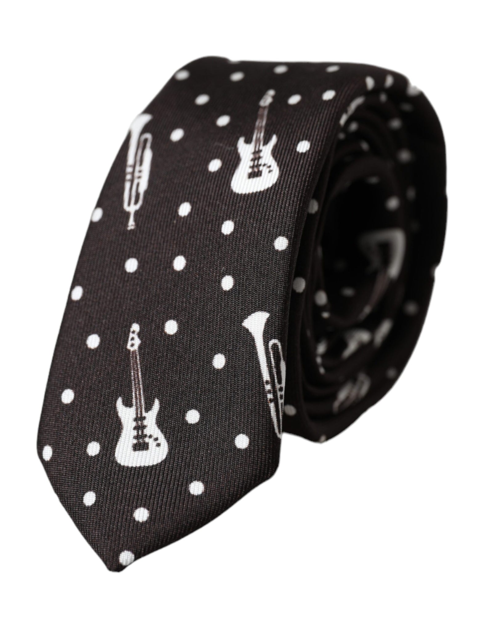 Dolce &amp; Gabbana Black Guitar Print Silk Adjustable Tie