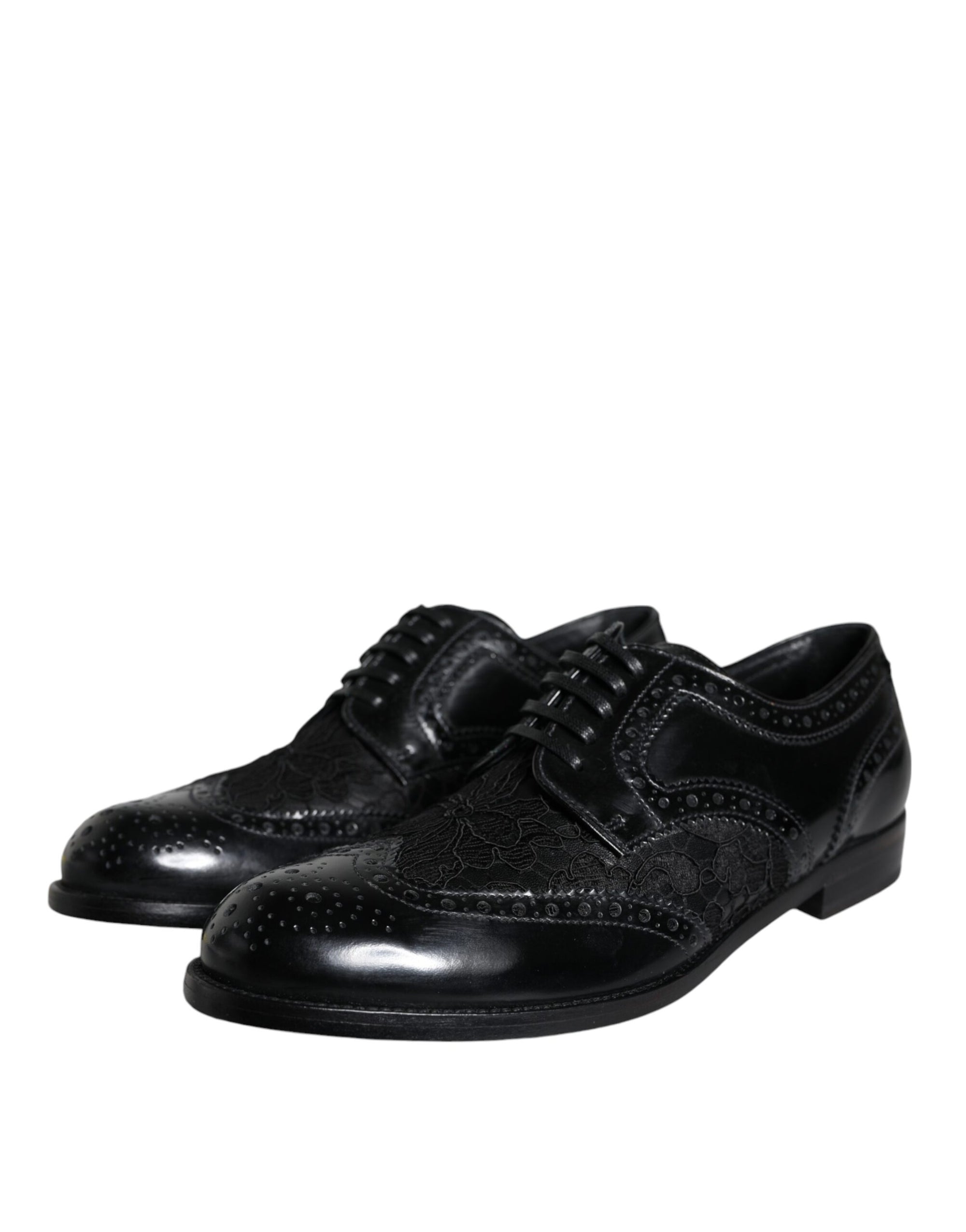 Chaussures habillées en cuir noir et dentelle florale Dolce &amp; Gabbana
