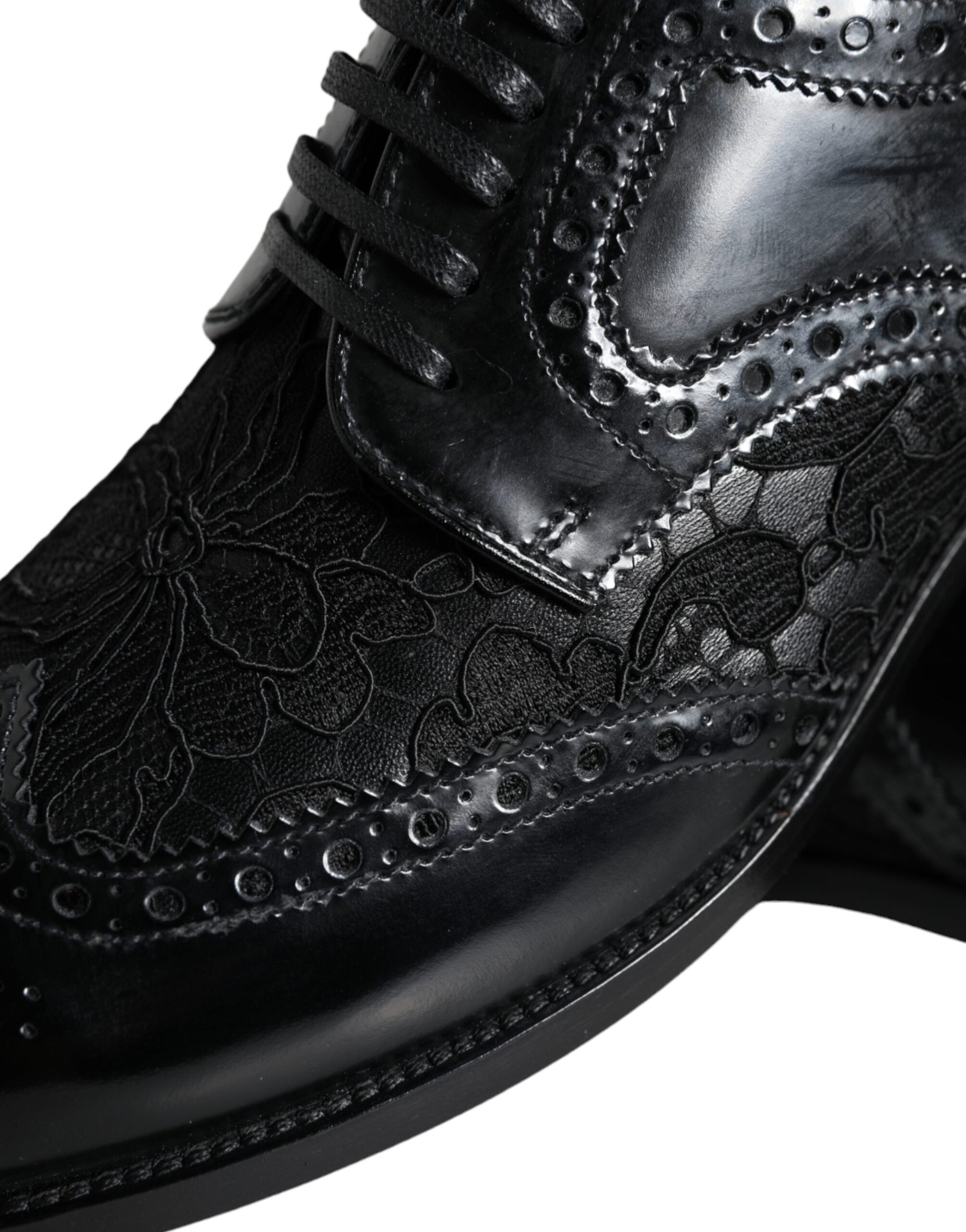 Chaussures habillées en cuir noir et dentelle florale Dolce &amp; Gabbana
