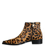 Dolce & Gabbana Brown Leopard Calf Fur Ankle Boots Shoes