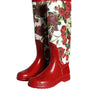 Dolce & Gabbana Red Floral Rubber Knee High Flat Boots Shoes