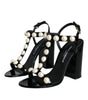 Dolce & Gabbana Black Leather Pearls T-strap Sandals Shoes