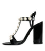 Dolce & Gabbana Black Leather Pearls T-strap Sandals Shoes