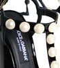 Dolce & Gabbana Black Leather Pearls T-strap Sandals Shoes
