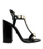Dolce & Gabbana Black Leather Pearls T-strap Sandals Shoes