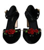 Dolce & Gabbana Black Velvet Roses Ankle Strap Pumps Shoes