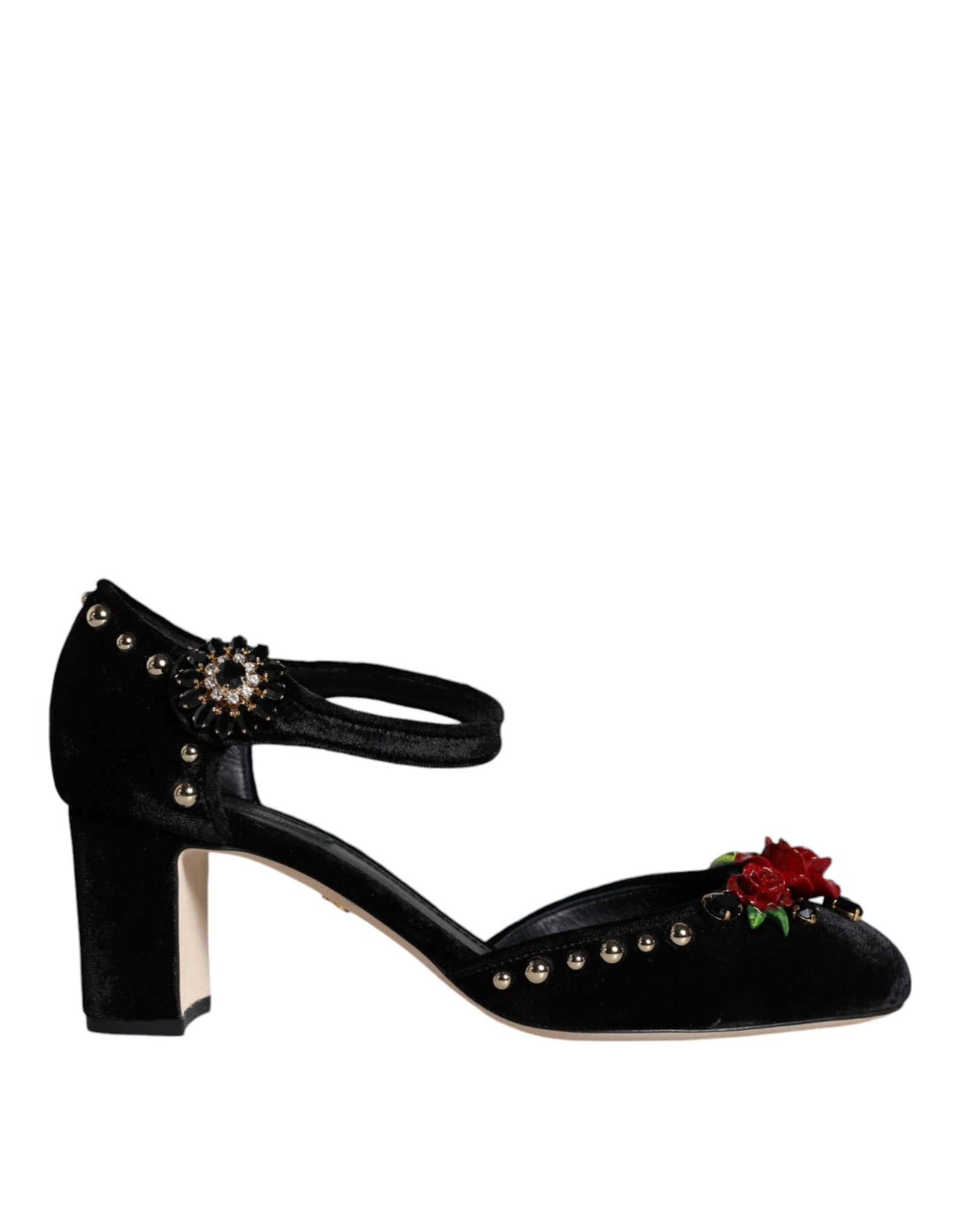 Escarpins Dolce & Gabbana en velours noir avec bride cheville et roses