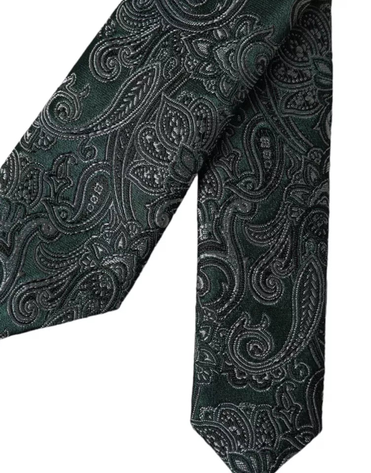 Dolce &amp; Gabbana Green Floral Pattern 100% Silk Adjustable Men Tie