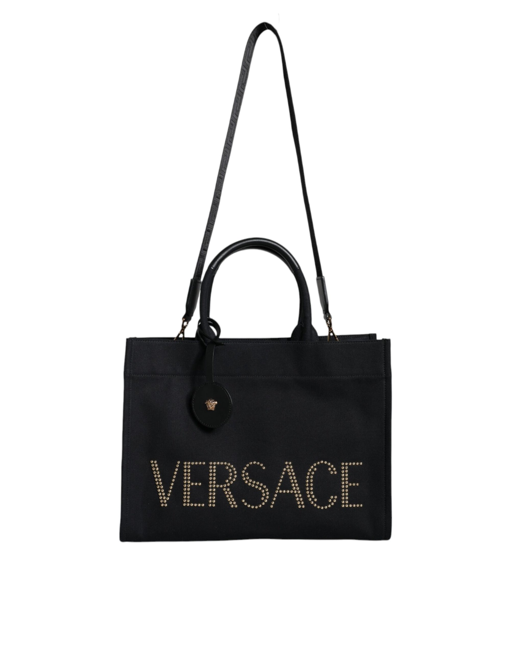 Sac fourre-tout à bandoulière en toile et cuir noir avec logo Versace