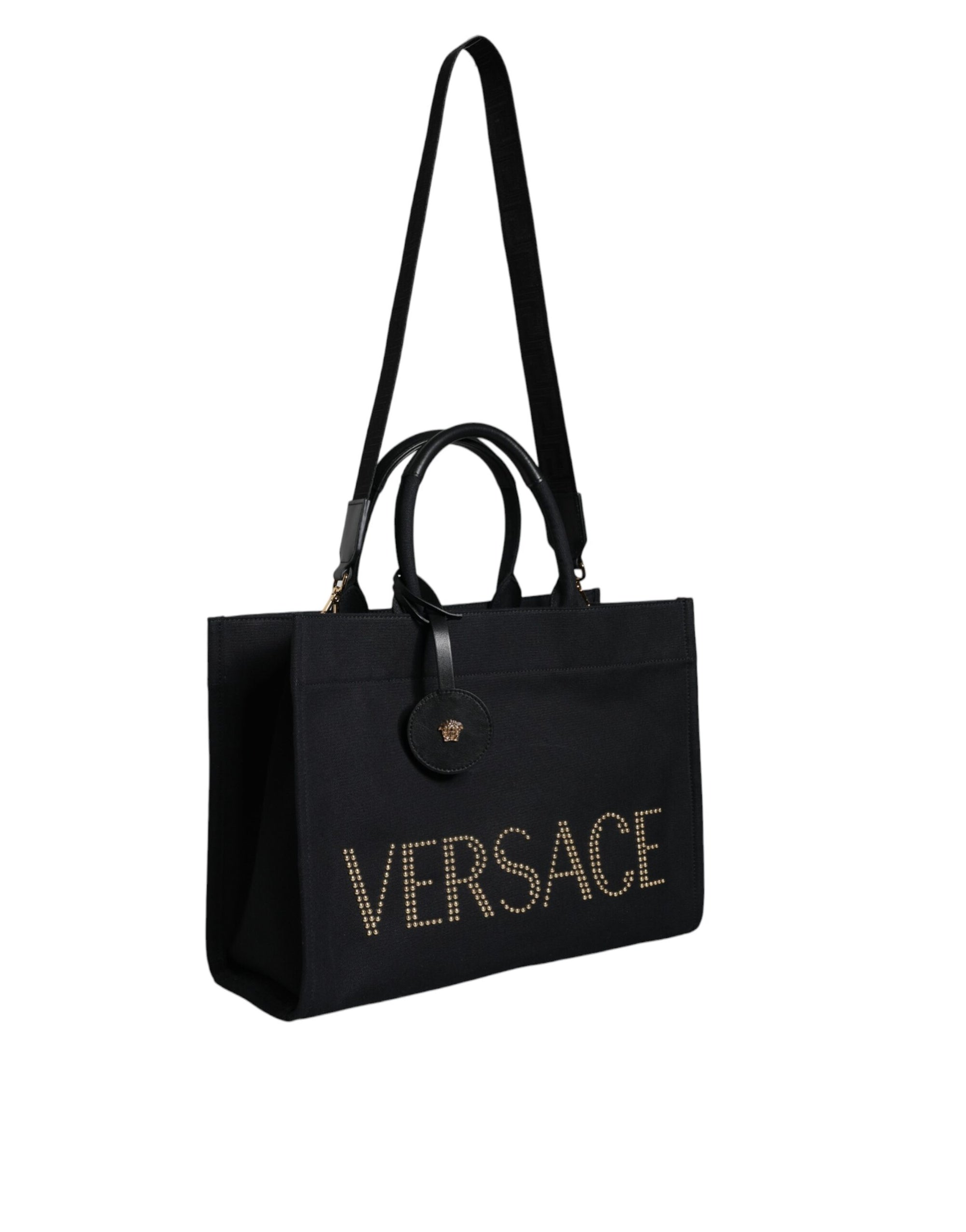 Sac fourre-tout à bandoulière en toile et cuir noir avec logo Versace
