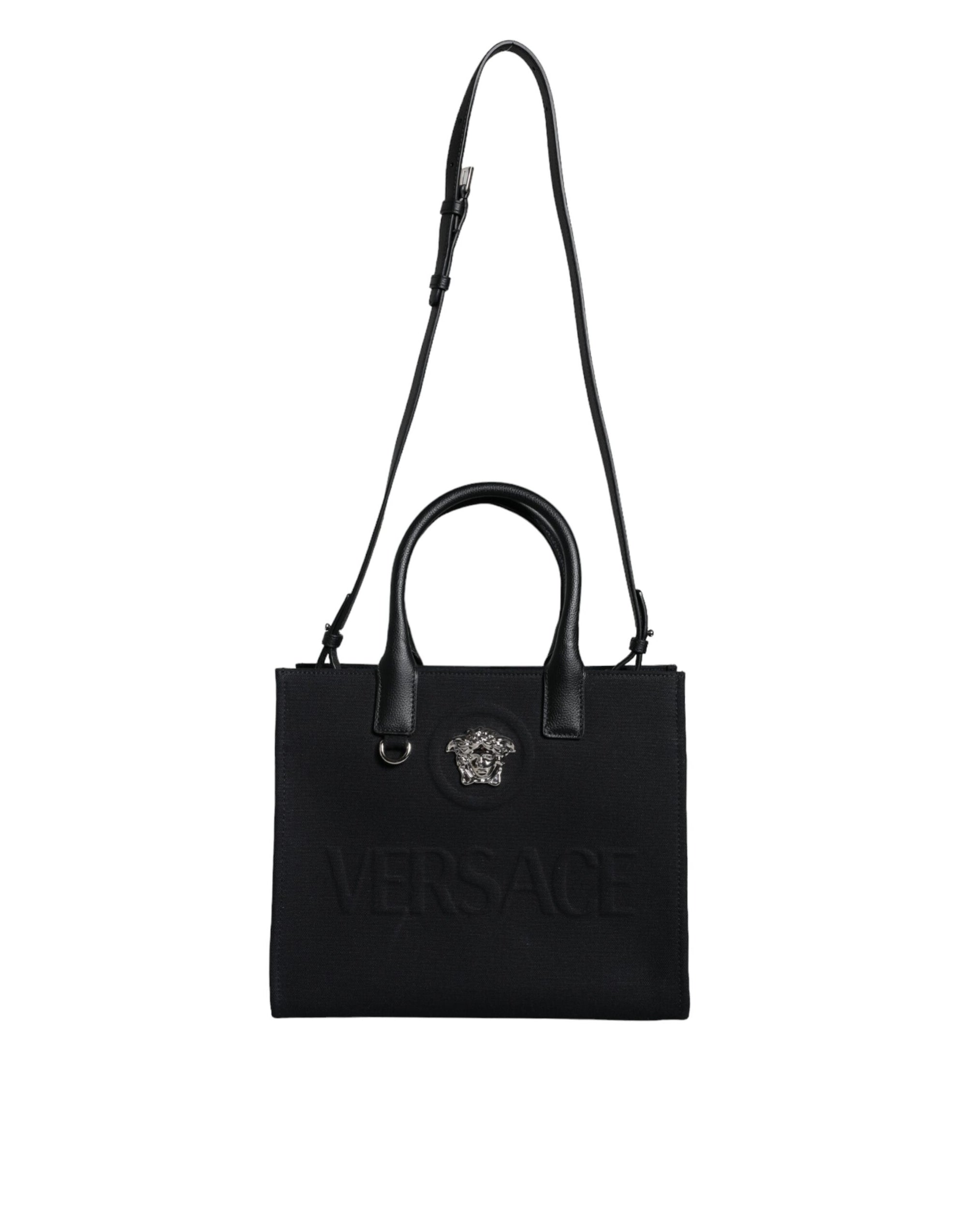 Sac fourre-tout à bandoulière en toile et cuir noir avec logo Versace