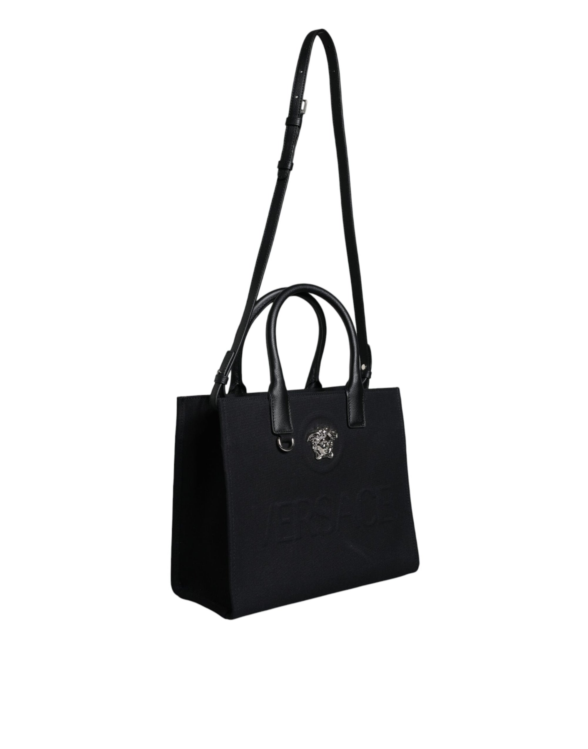 Sac fourre-tout à bandoulière en toile et cuir noir avec logo Versace