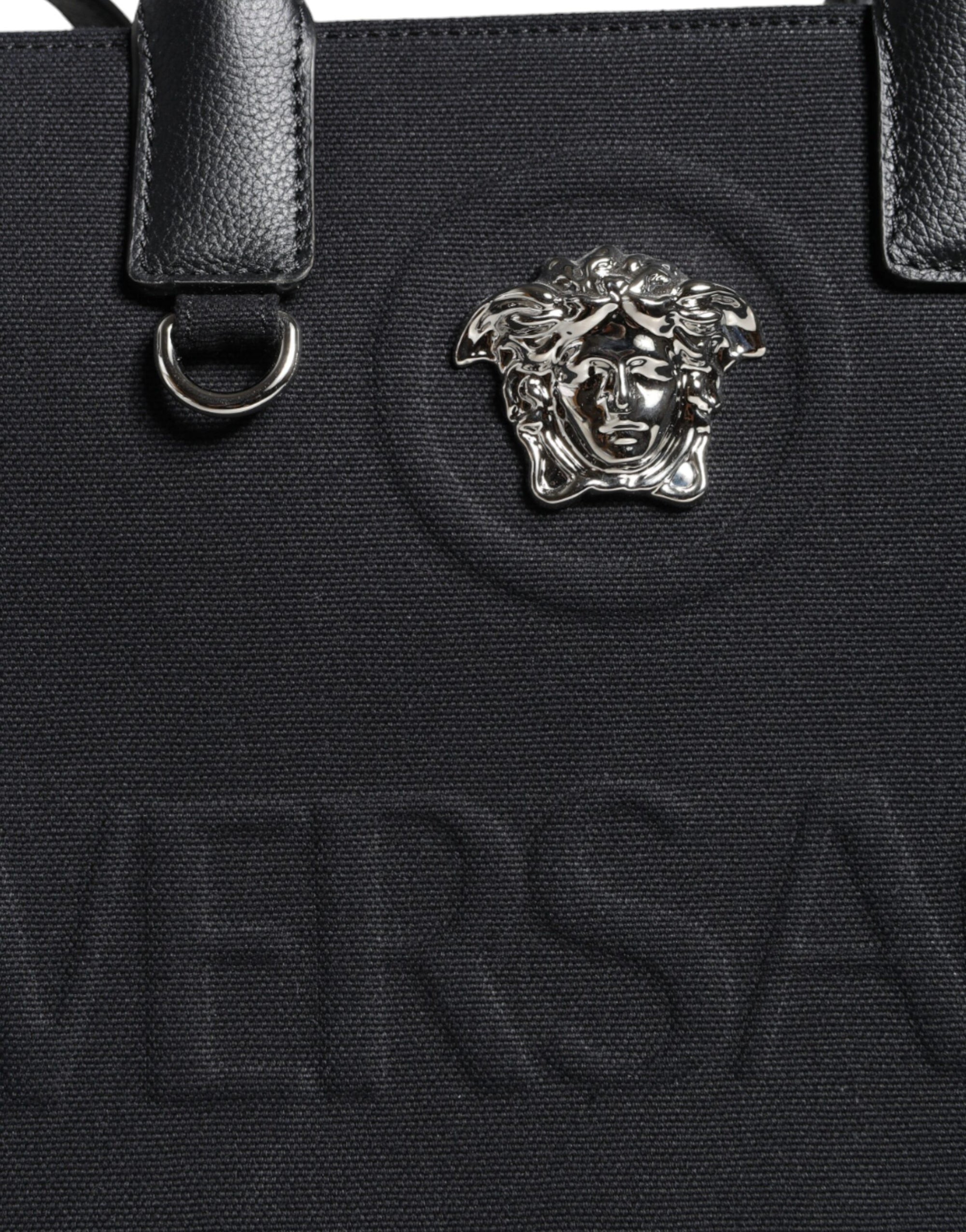 Sac fourre-tout à bandoulière en toile et cuir noir avec logo Versace