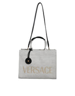 Sac fourre-tout à bandoulière en toile et cuir blanc avec logo Versace