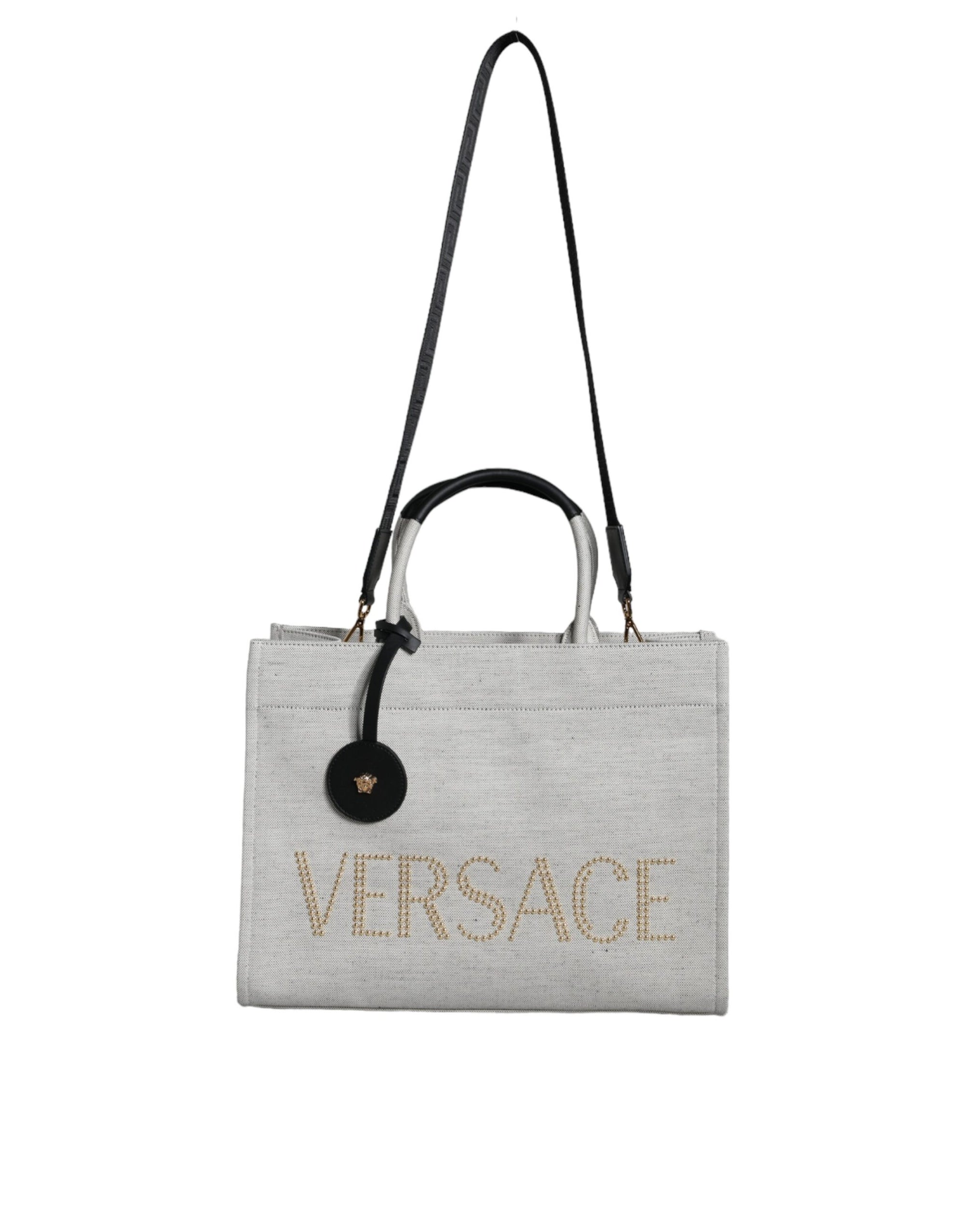 Sac fourre-tout à bandoulière en toile et cuir blanc avec logo Versace