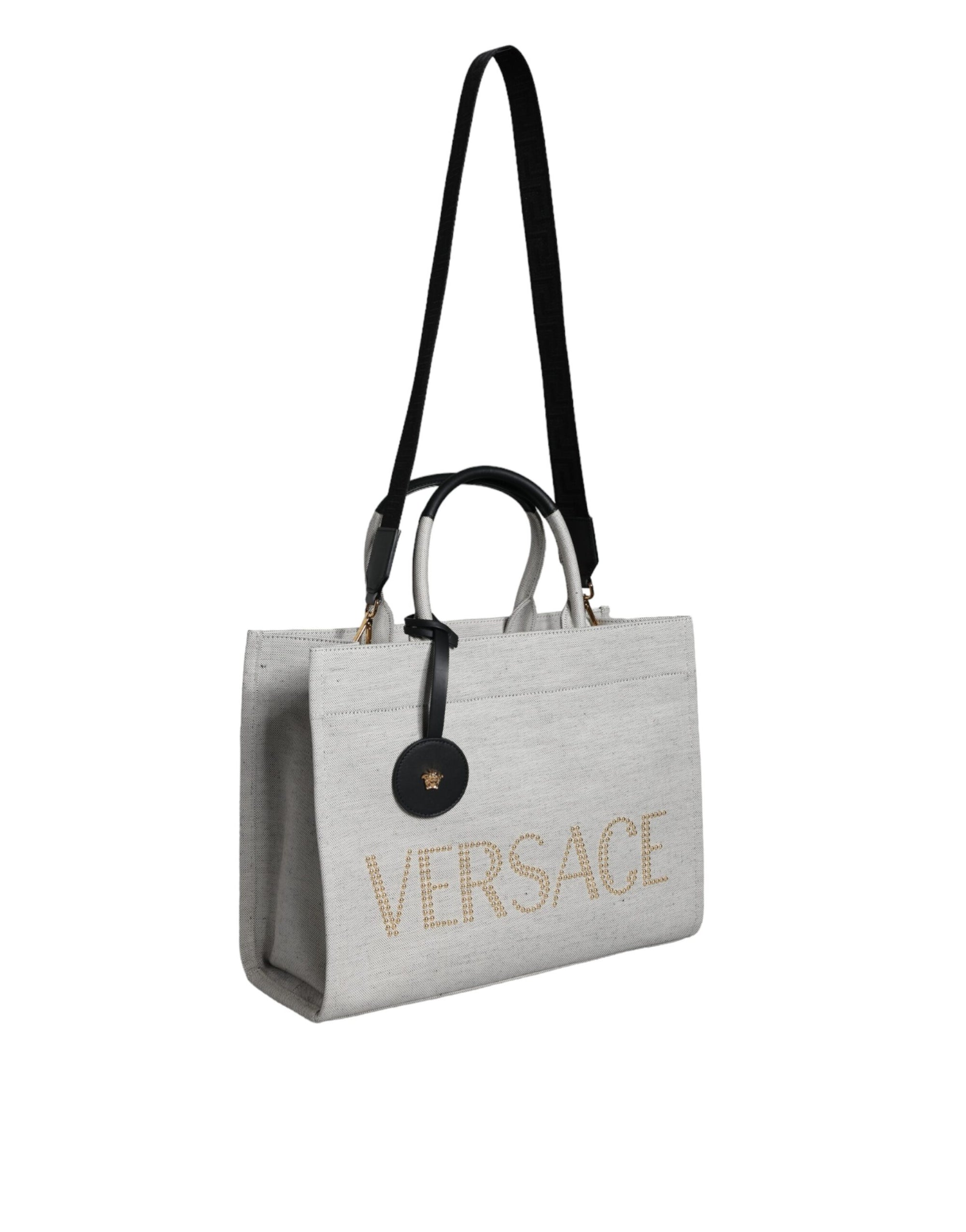 Sac fourre-tout à bandoulière en toile et cuir blanc avec logo Versace