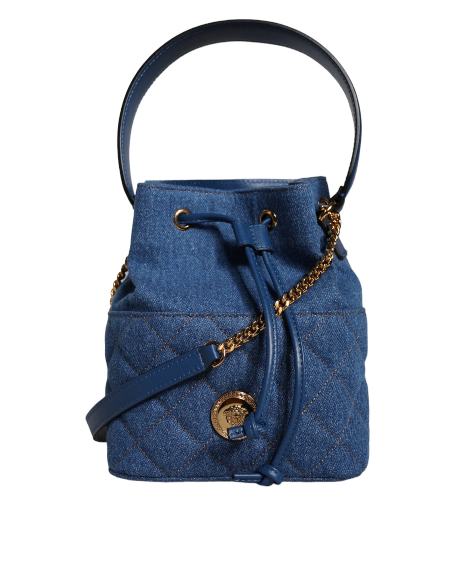Sac bandoulière en cuir denim matelassé bleu Versace