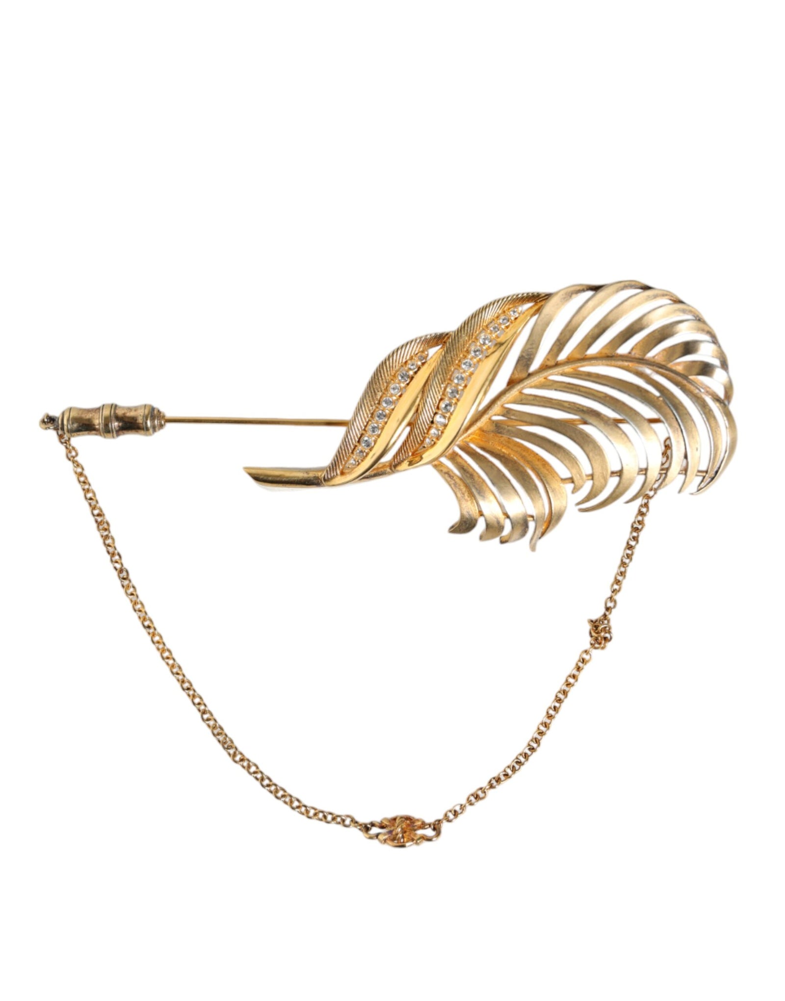 Broche Dolce &amp; Gabbana en argent sterling 925 doré avec chaîne en cristal et feuille