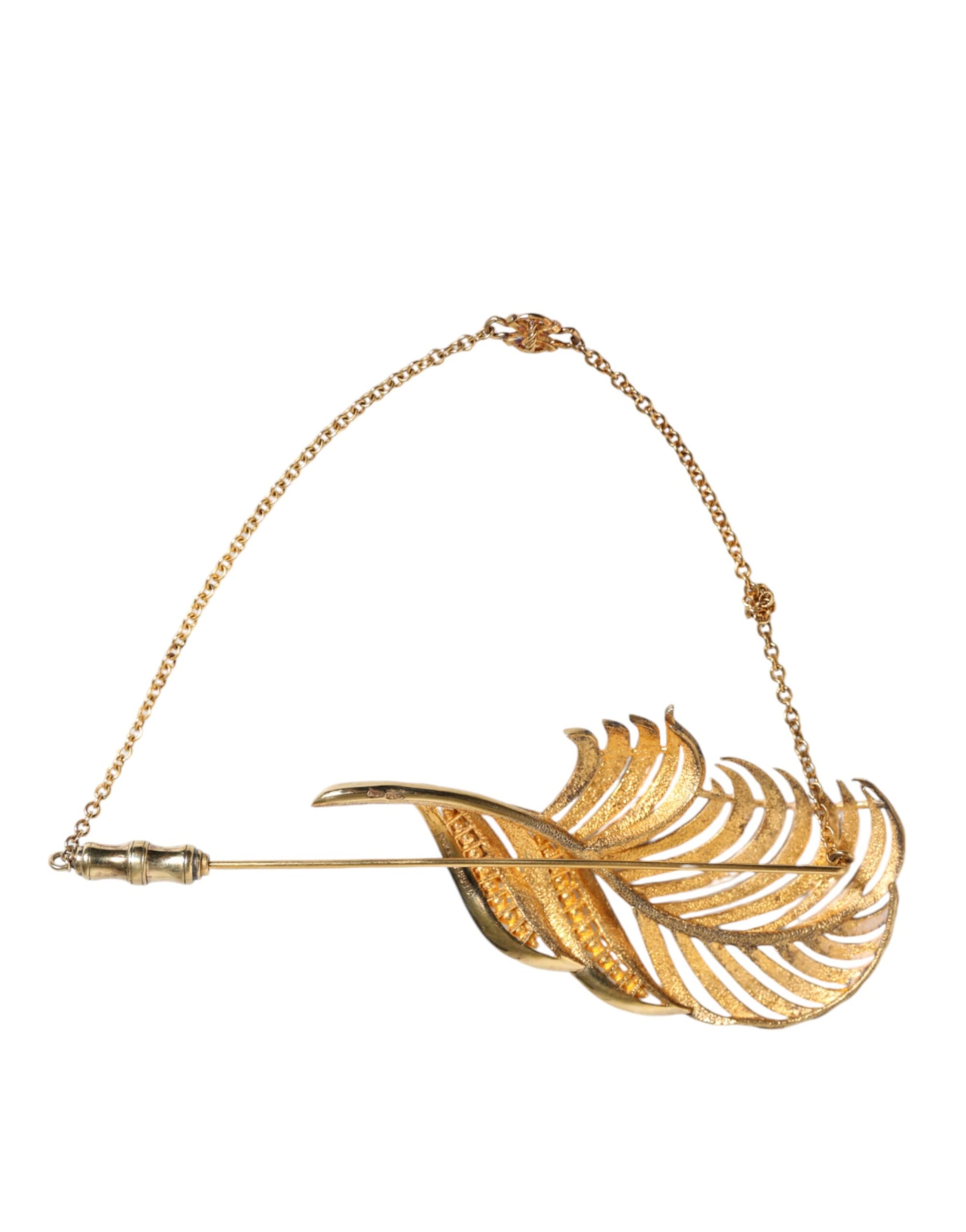 Broche Dolce &amp; Gabbana en argent sterling 925 doré avec chaîne en cristal et feuille