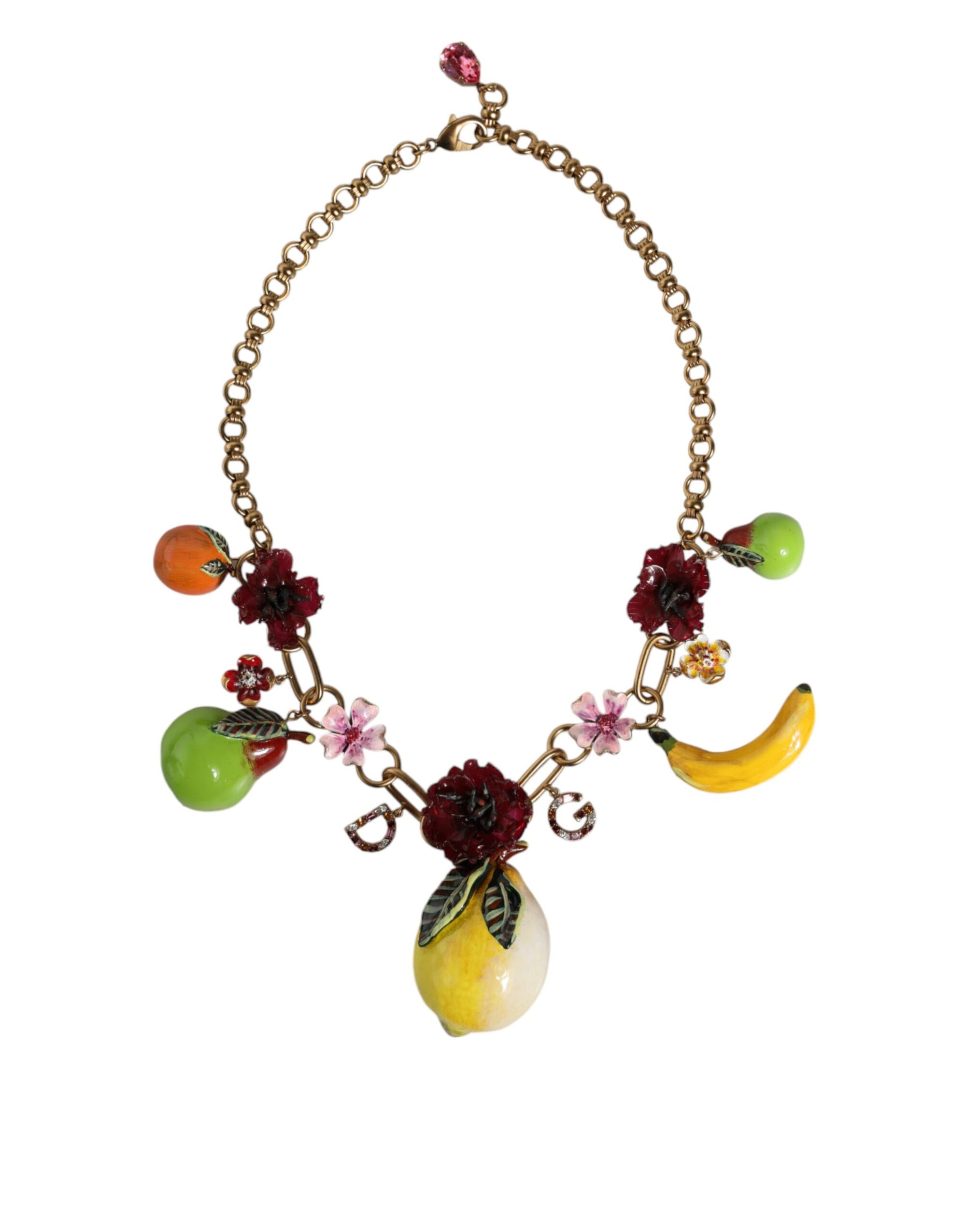 Collier Dolce & Gabbana avec pendentifs en laiton doré et logo en cristal et fleurs
