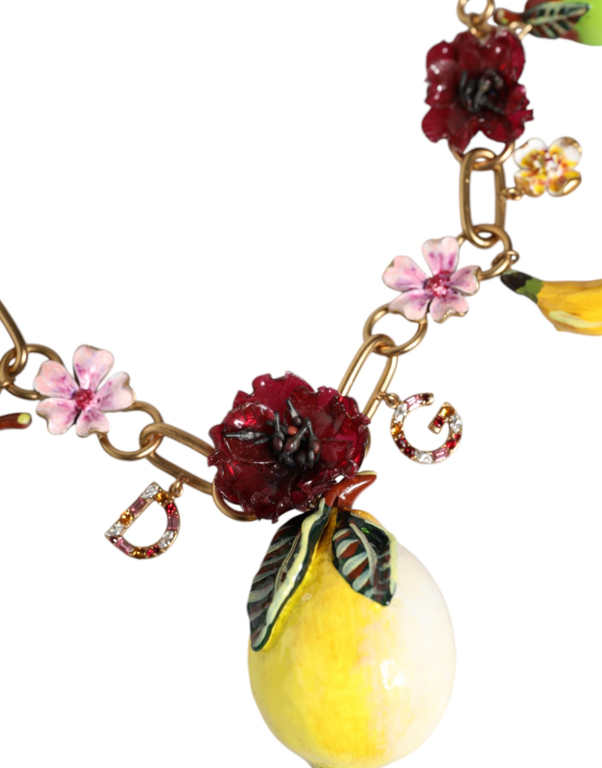 Collier Dolce & Gabbana avec pendentifs en laiton doré et logo en cristal et fleurs