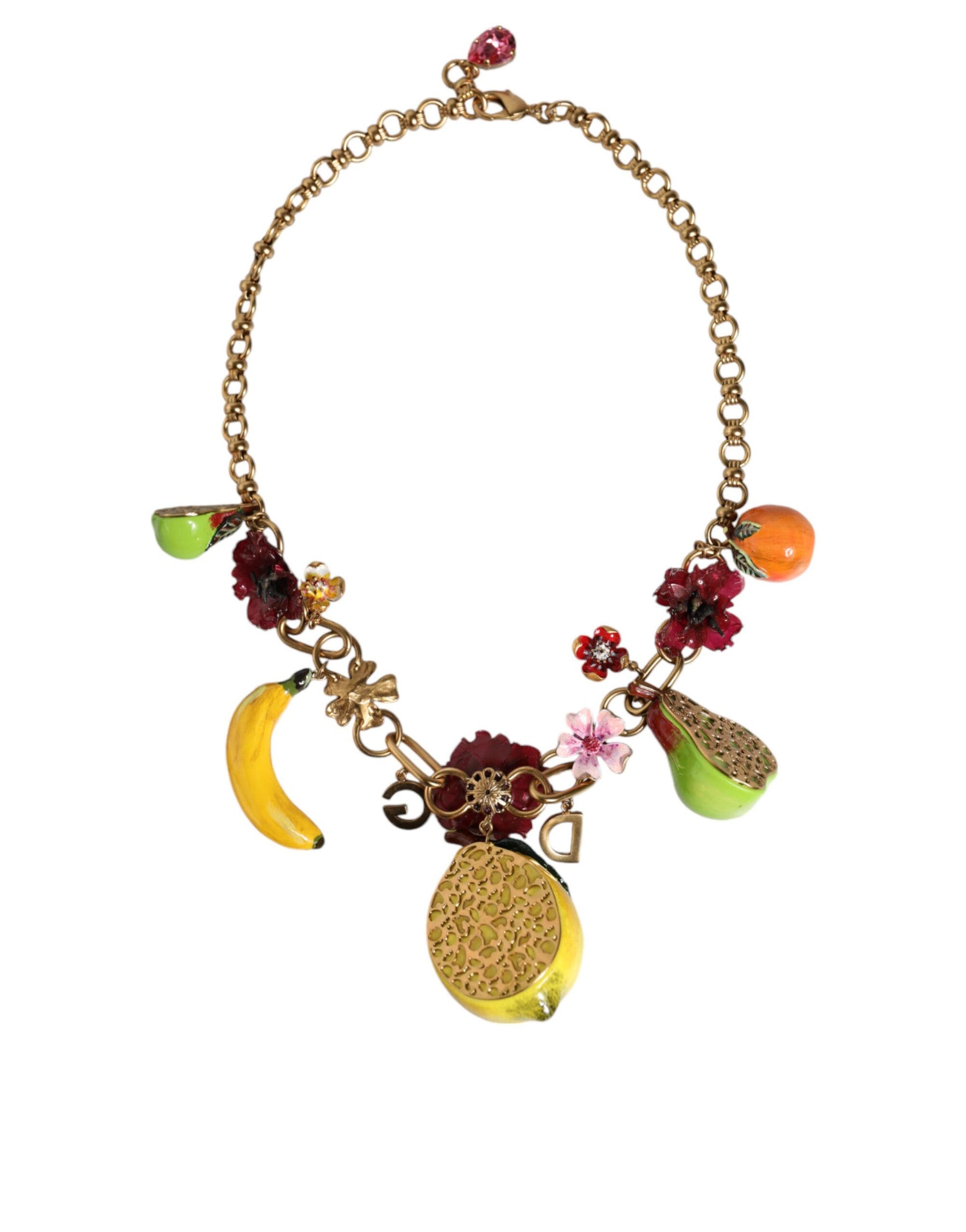 Collier Dolce & Gabbana avec pendentifs en laiton doré et logo en cristal et fleurs