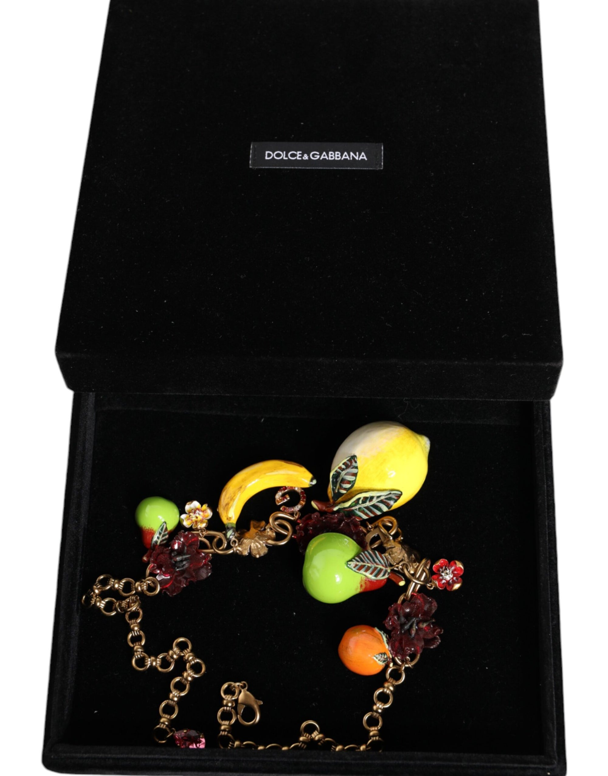 Collier Dolce & Gabbana avec pendentifs en laiton doré et logo en cristal et fleurs