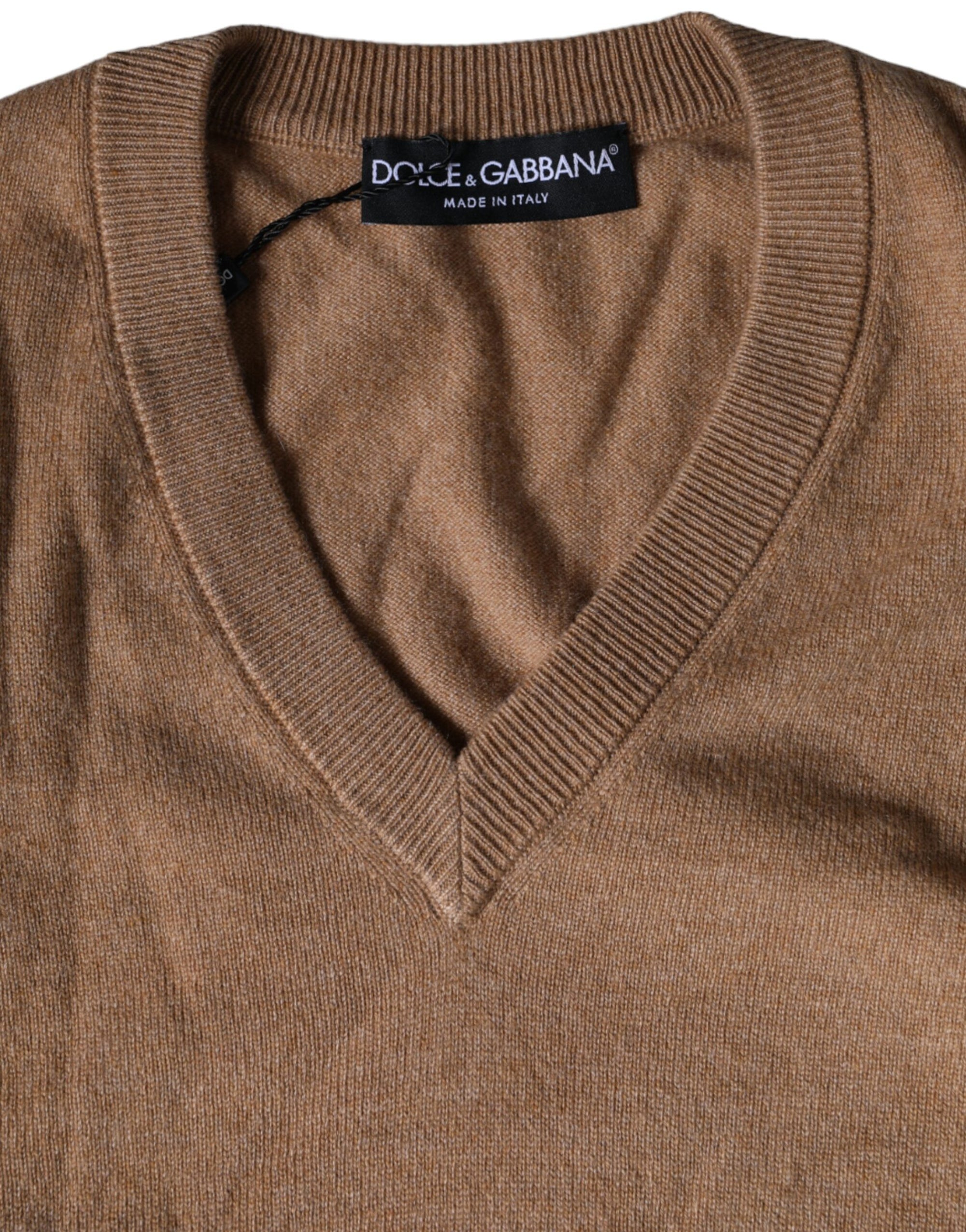 Dolce &amp; Gabbana Brown Cashmere Knit V-neck Pullover Sweater