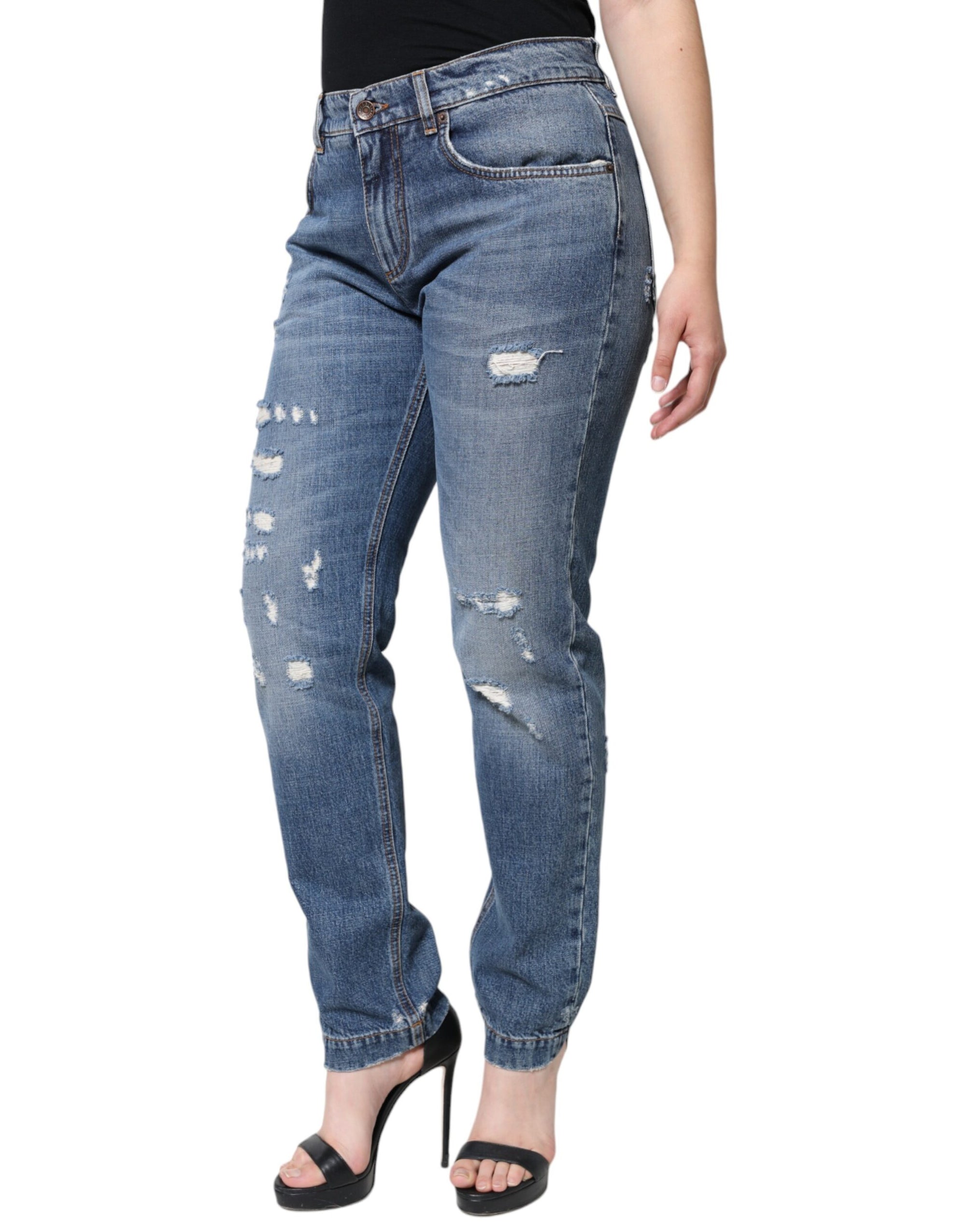 Dolce &amp; Gabbana Blue Cotton Tattered Boyfriend Denim Jeans