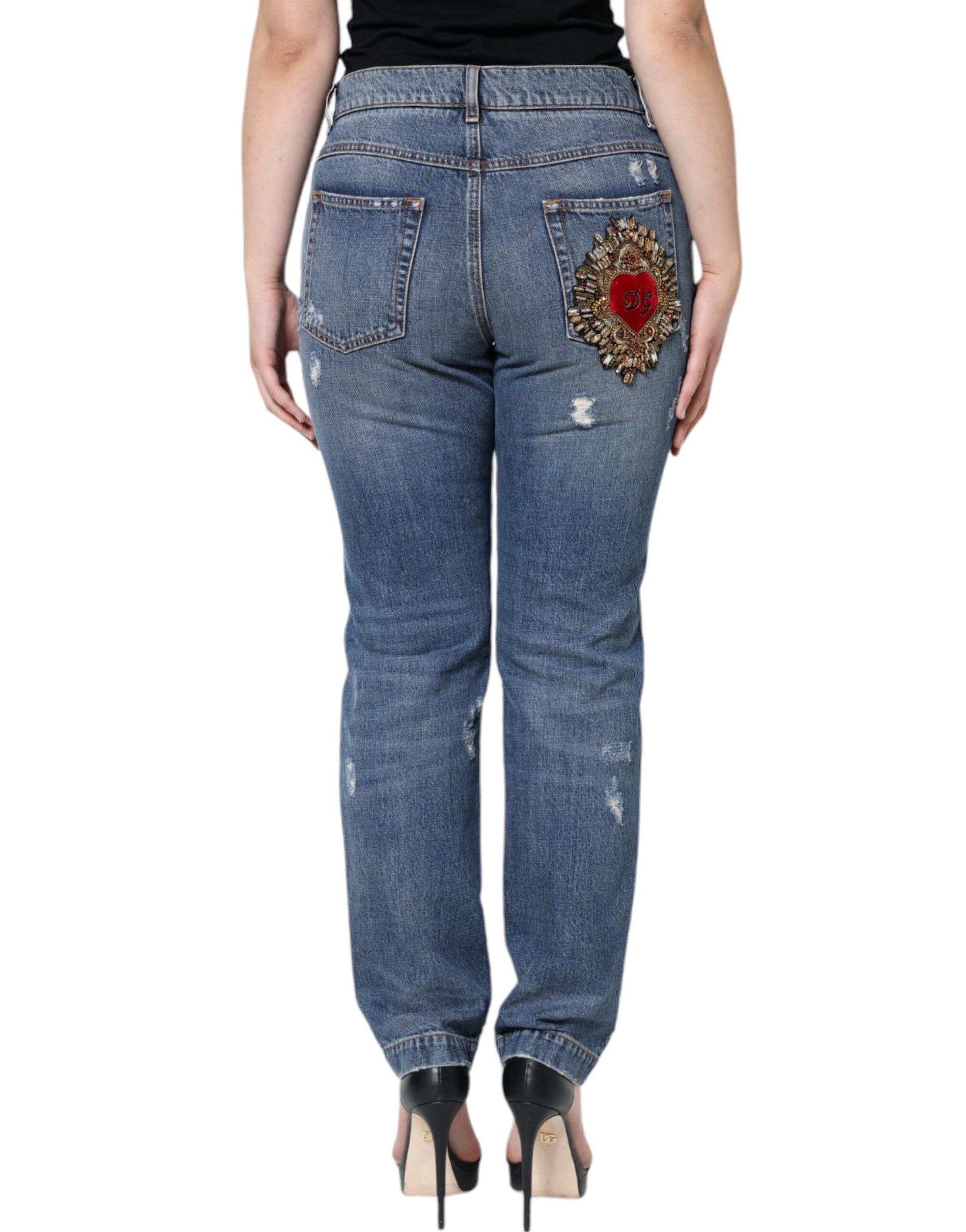 Dolce &amp; Gabbana Blue Cotton Tattered Boyfriend Denim Jeans