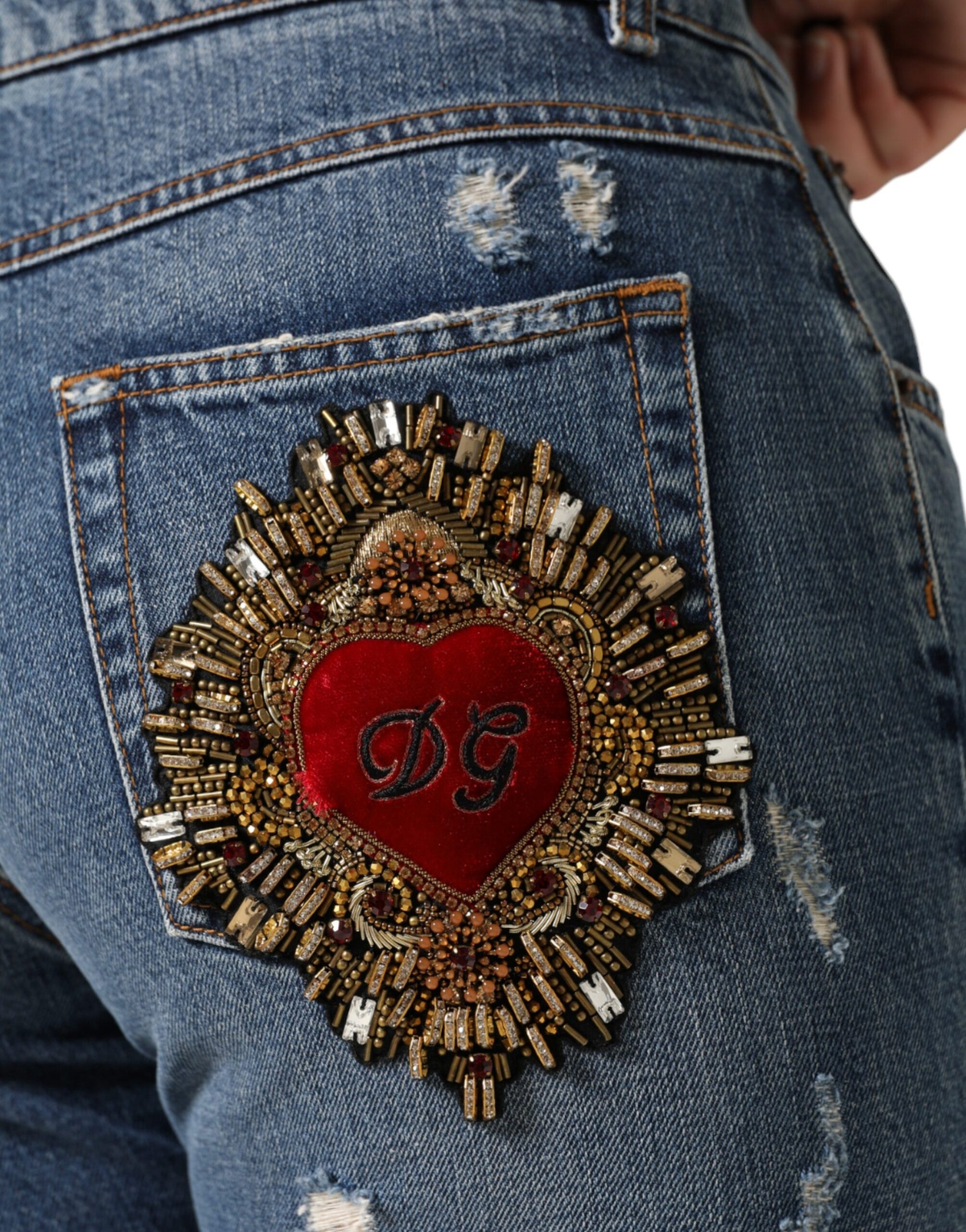 Dolce &amp; Gabbana Blue Cotton Tattered Boyfriend Denim Jeans