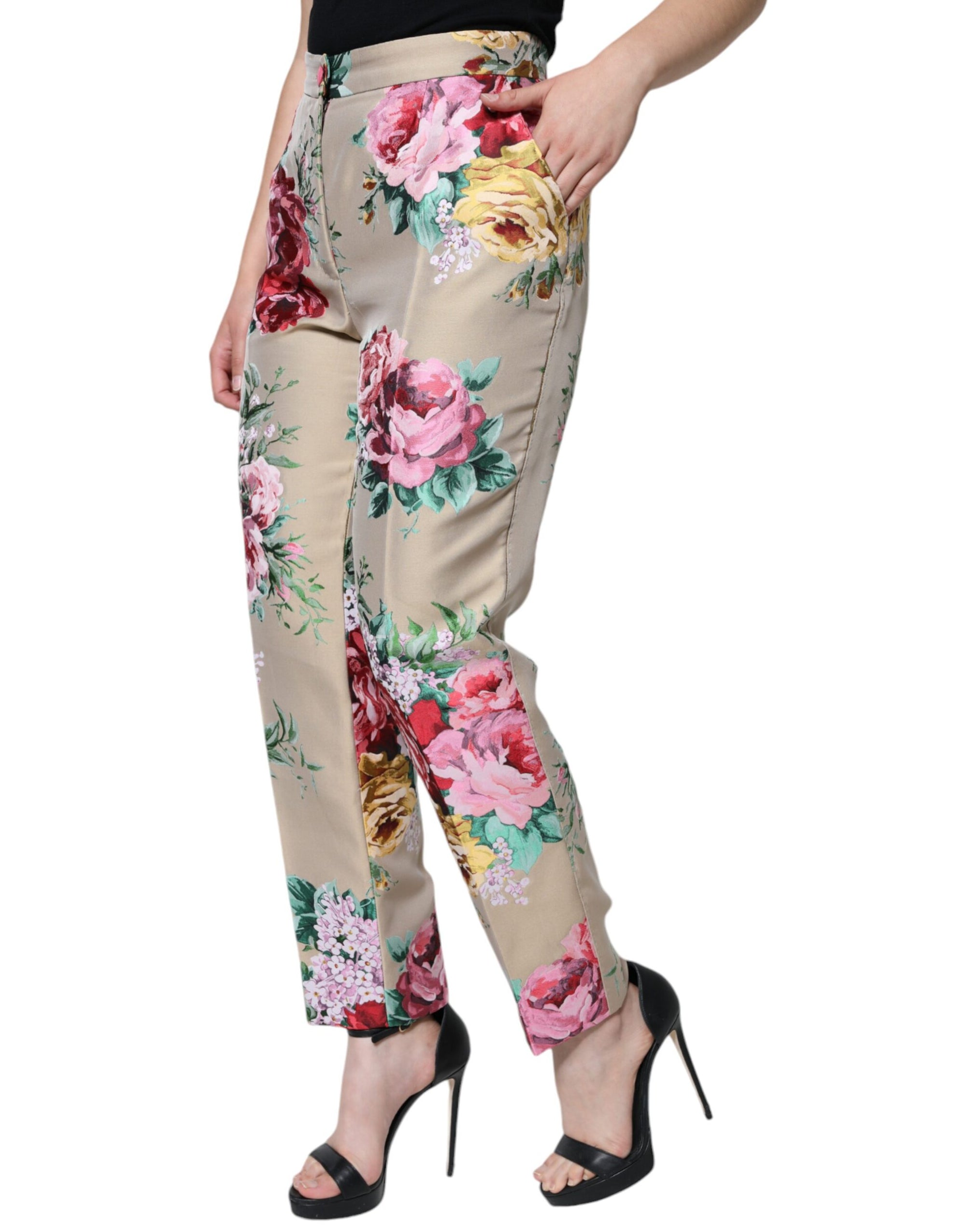 Dolce &amp; Gabbana Beige Floral Jacquard High Waist Tapered Pants