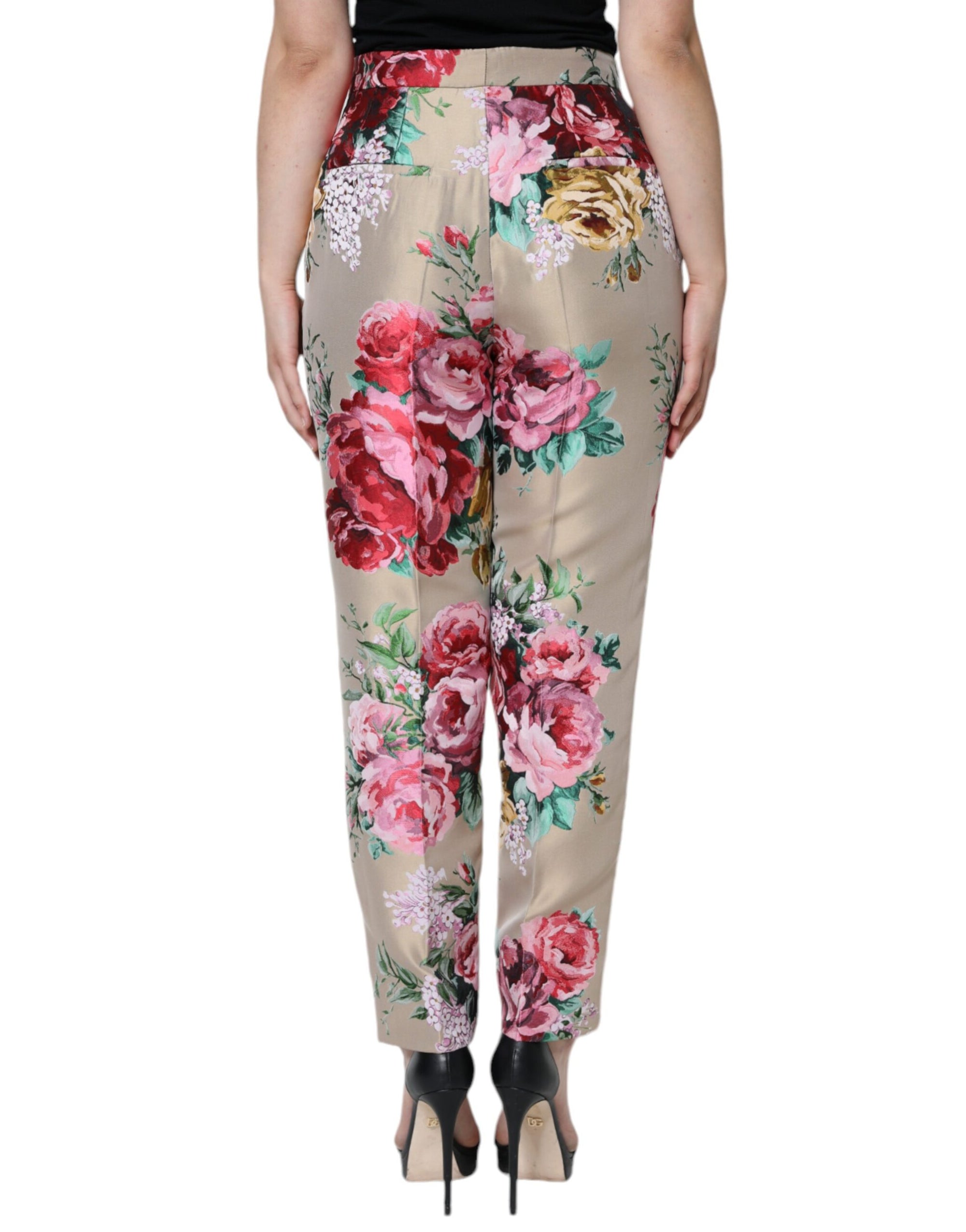 Dolce &amp; Gabbana Beige Floral Jacquard High Waist Tapered Pants