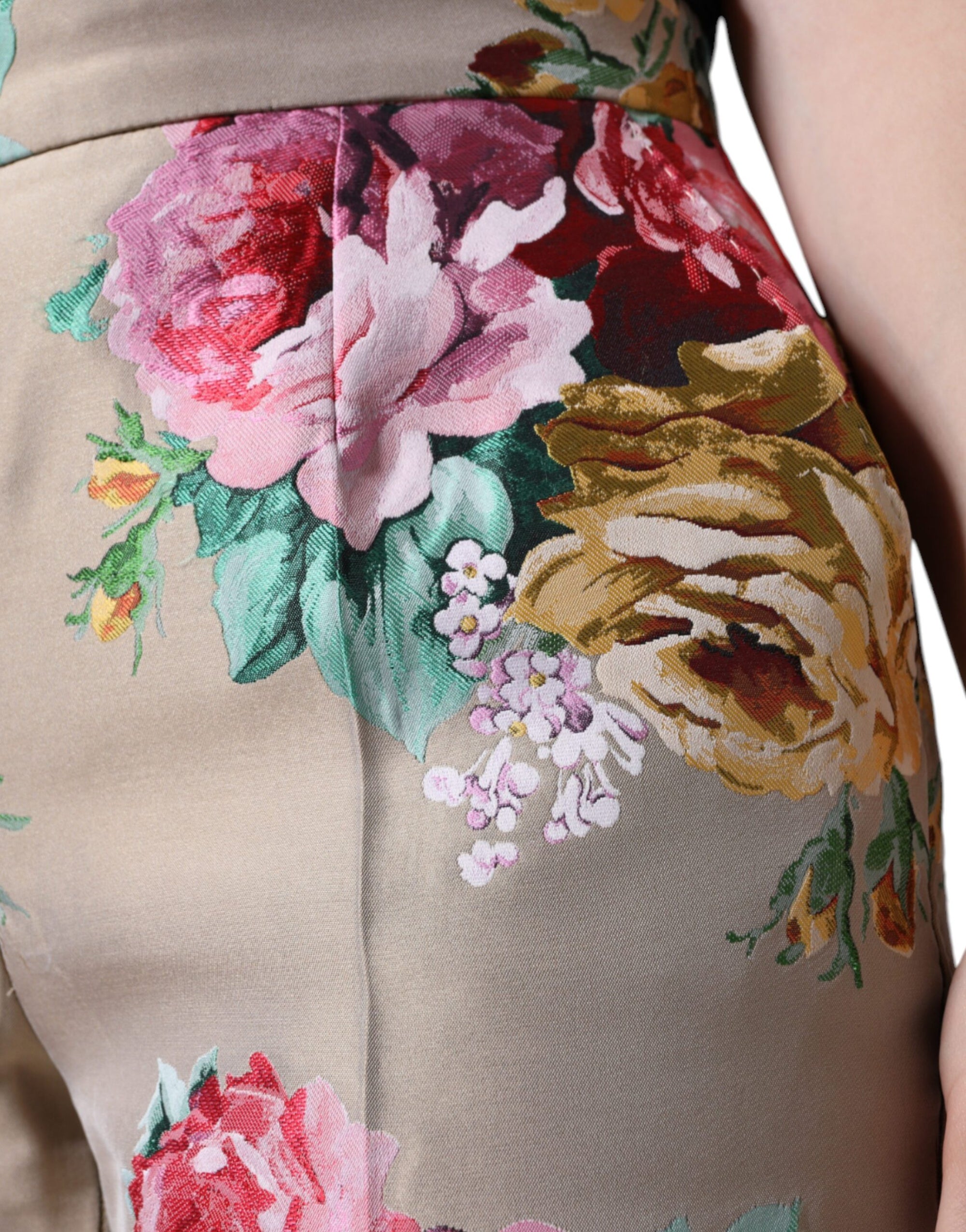 Dolce &amp; Gabbana Beige Floral Jacquard High Waist Tapered Pants