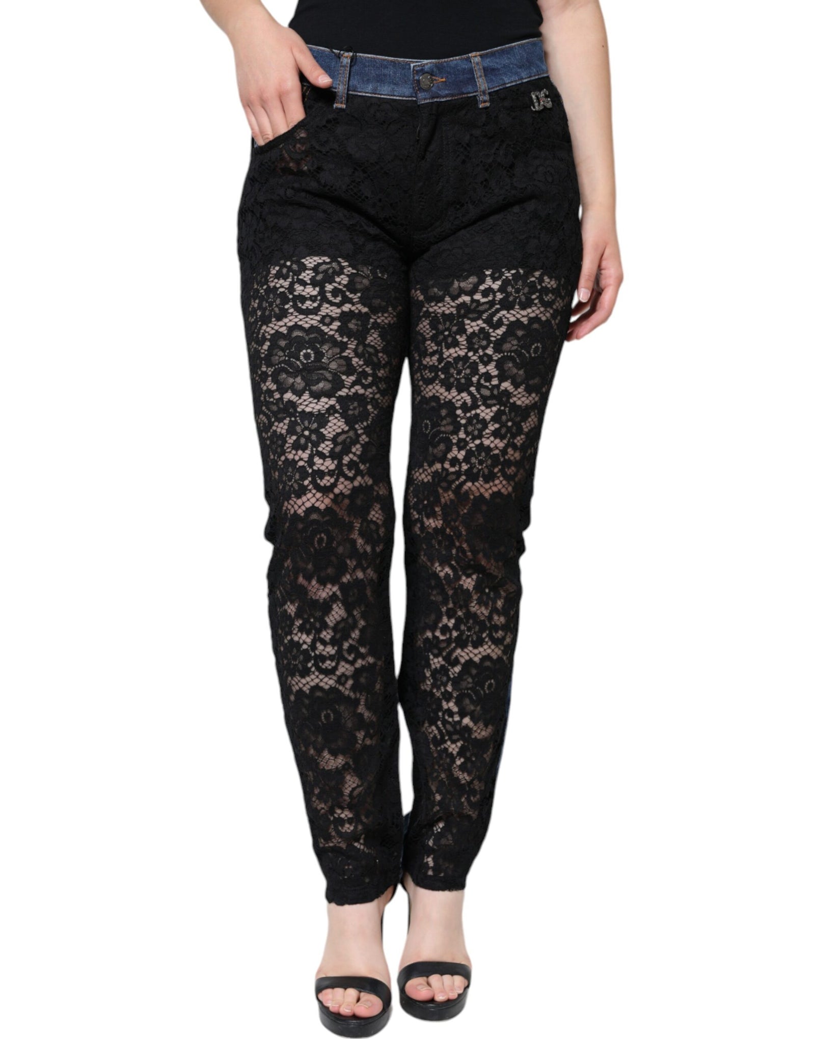 Dolce &amp; Gabbana Black Floral Lace Front Skinny Denim Jeans