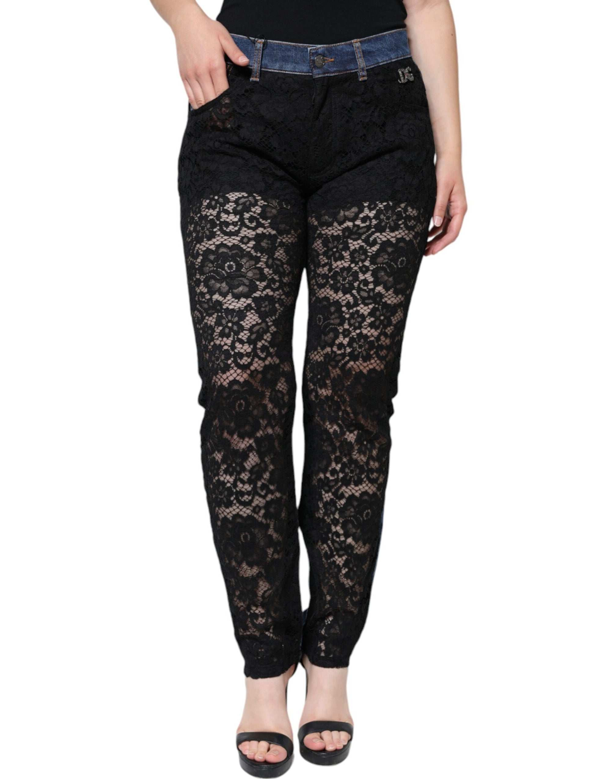 Dolce &amp; Gabbana Black Floral Lace Front Skinny Denim Jeans