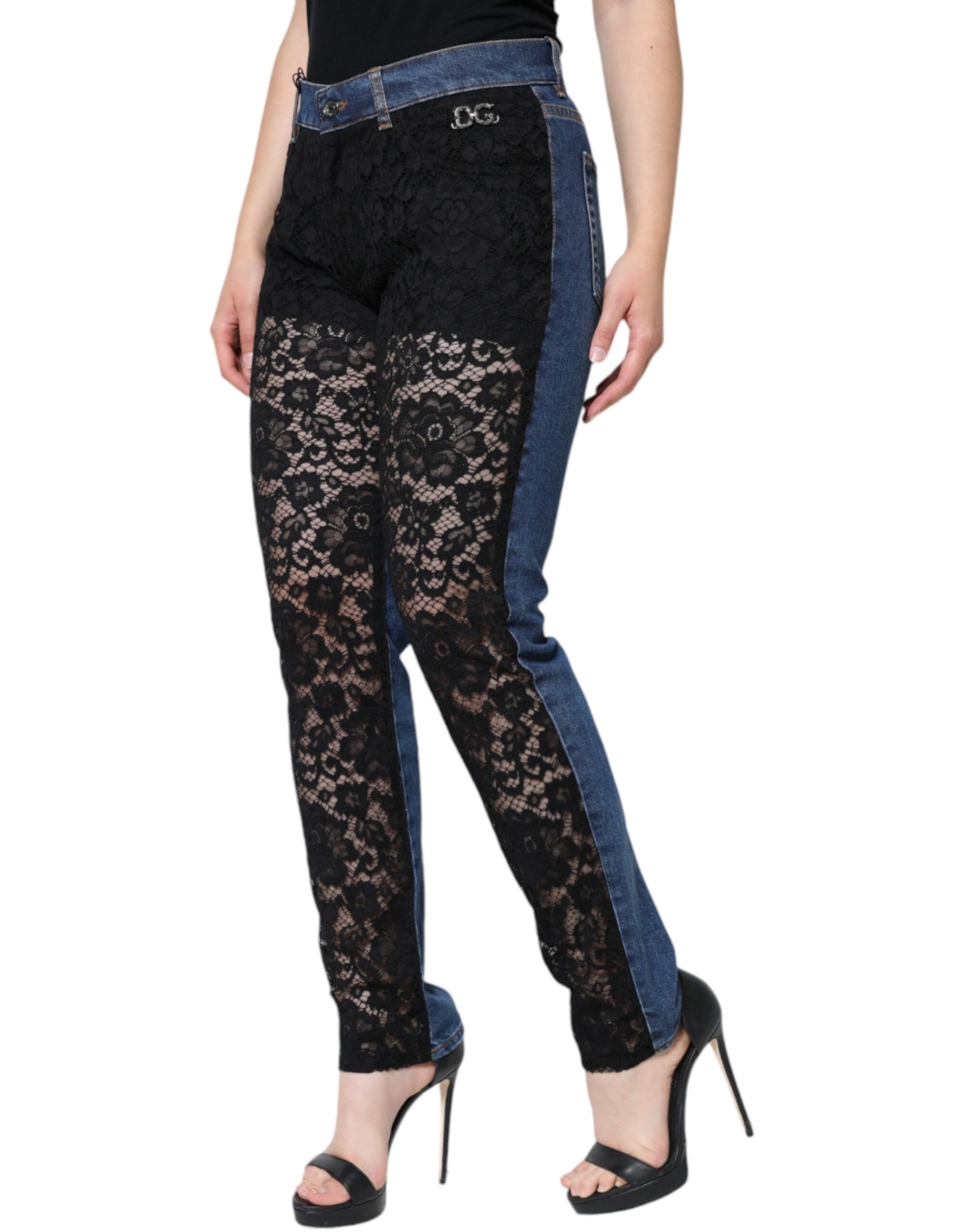 Dolce &amp; Gabbana Black Floral Lace Front Skinny Denim Jeans