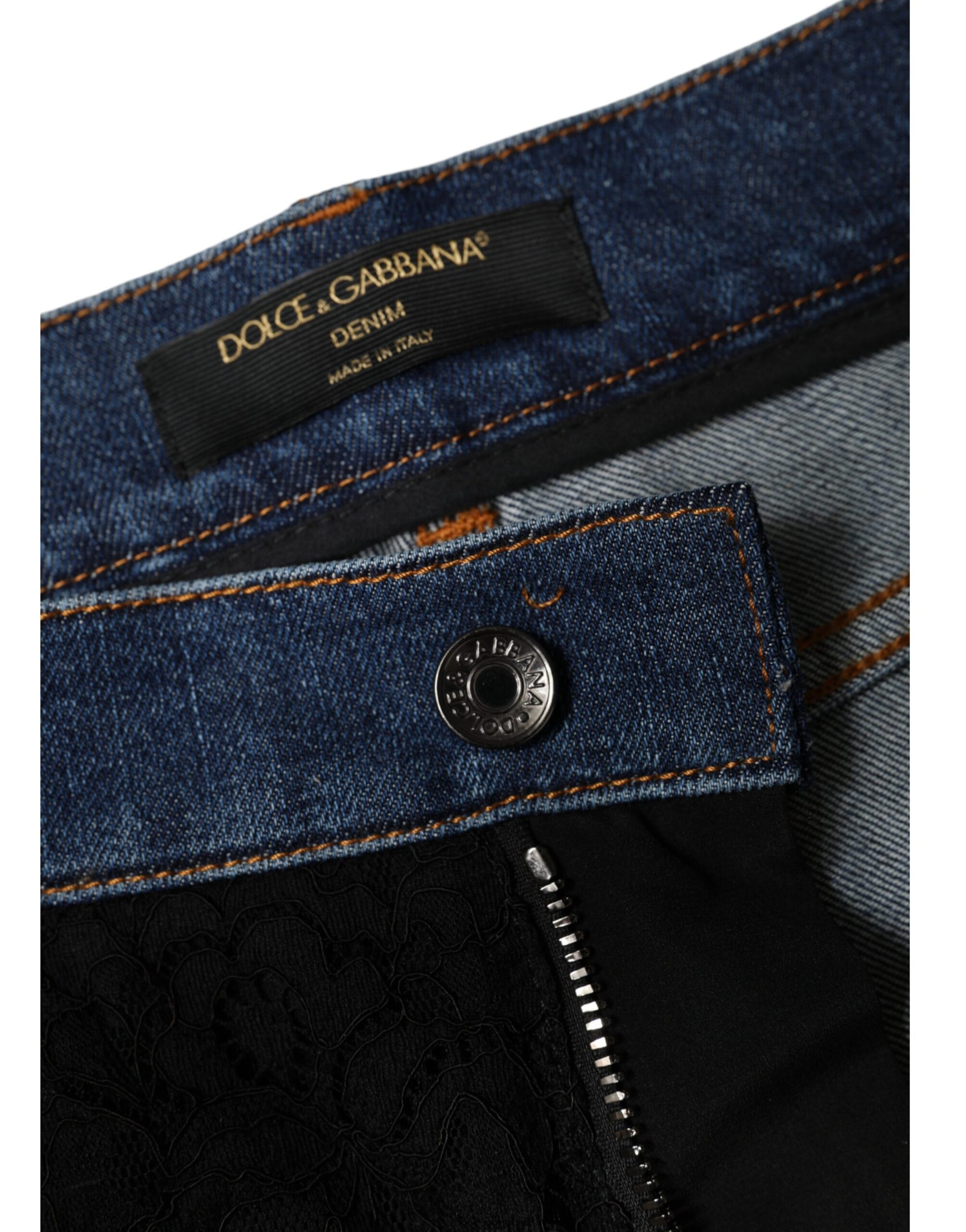 Dolce &amp; Gabbana Black Floral Lace Front Skinny Denim Jeans