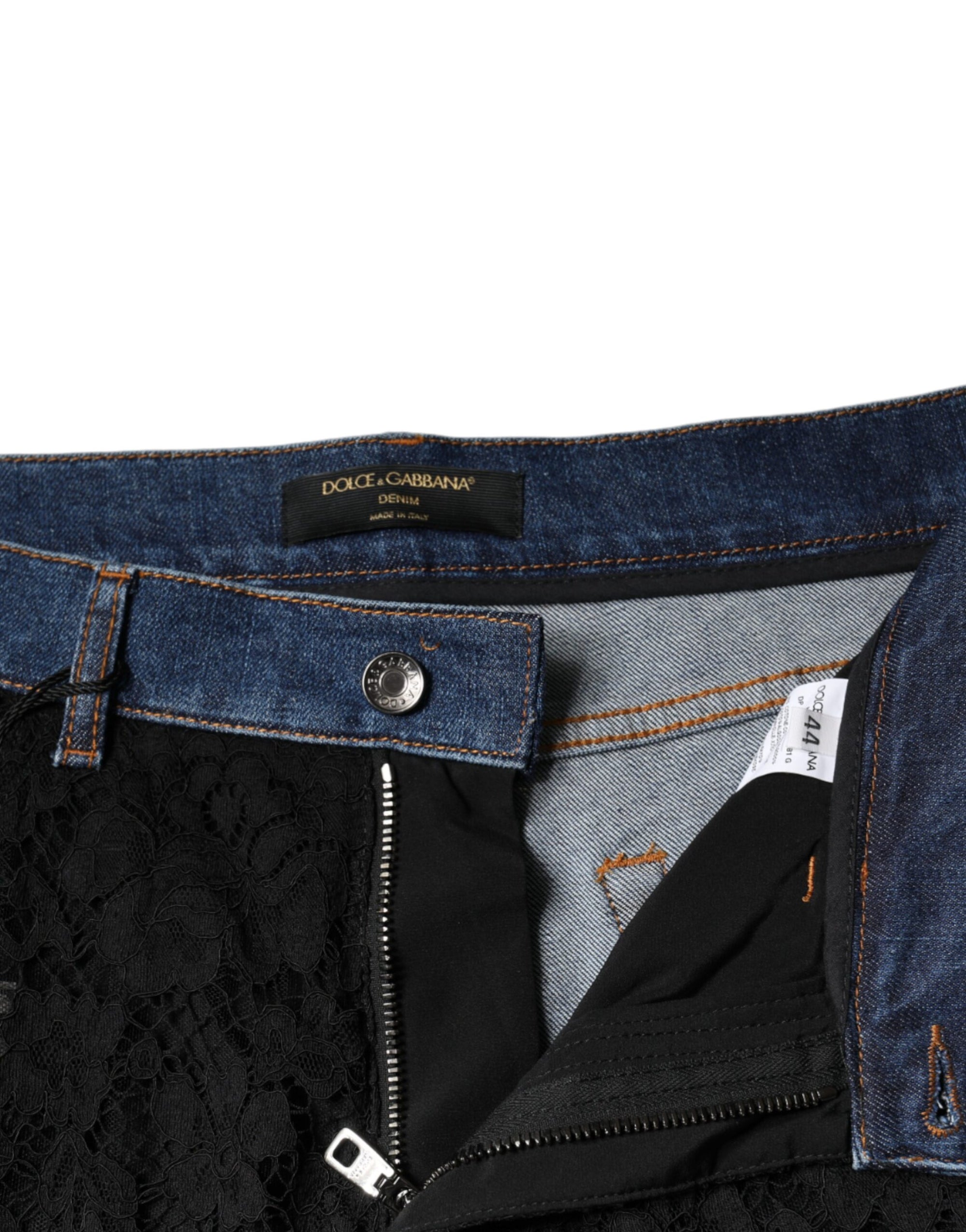 Dolce &amp; Gabbana Black Floral Lace Front Skinny Denim Jeans