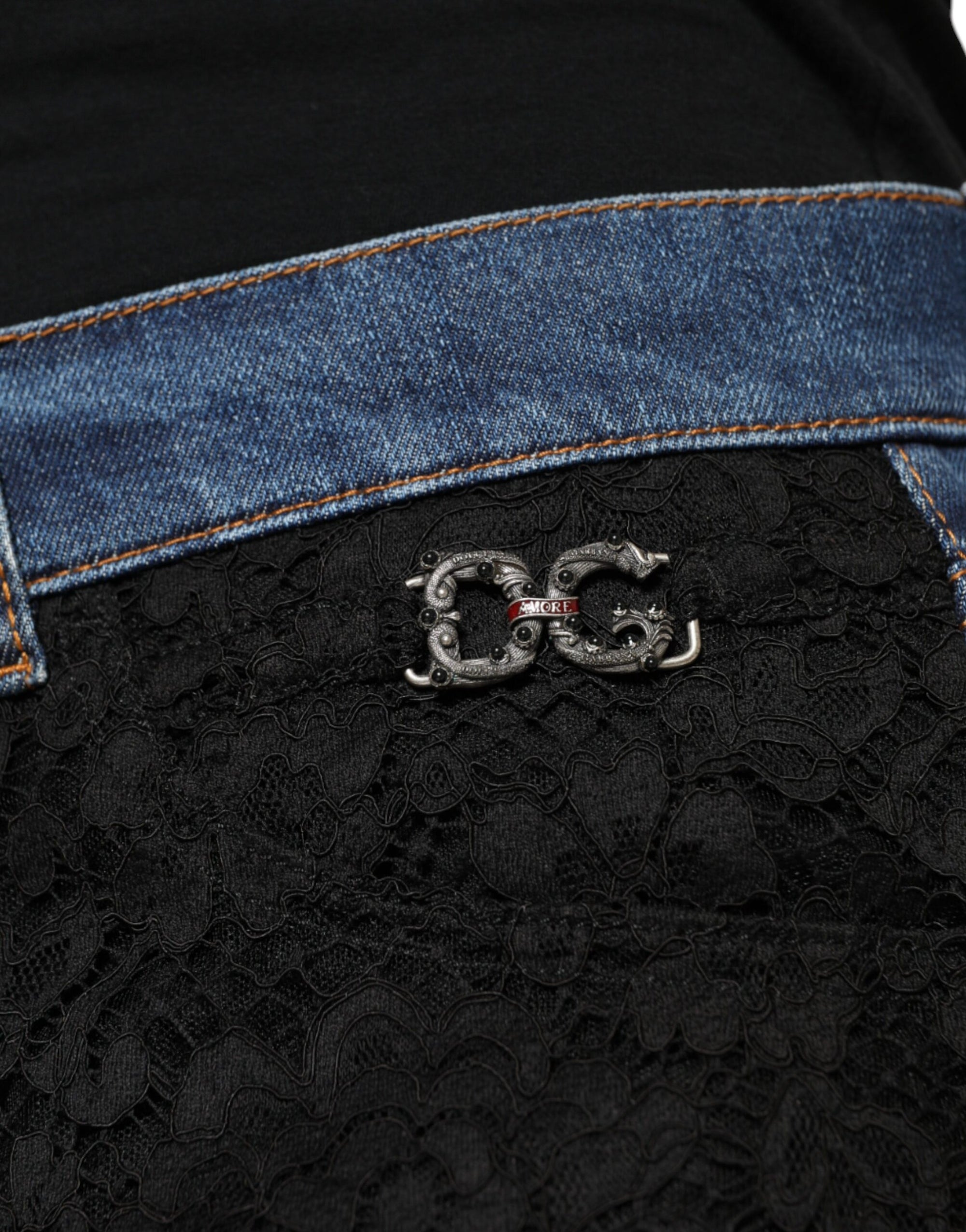 Dolce &amp; Gabbana Black Floral Lace Front Skinny Denim Jeans