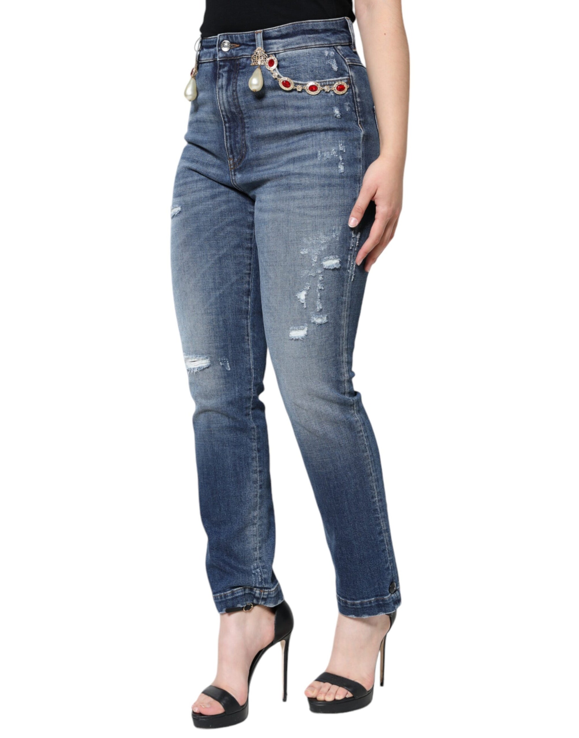 Dolce &amp; Gabbana Dark Blue Cotton Tattered Skinny Denim Jeans