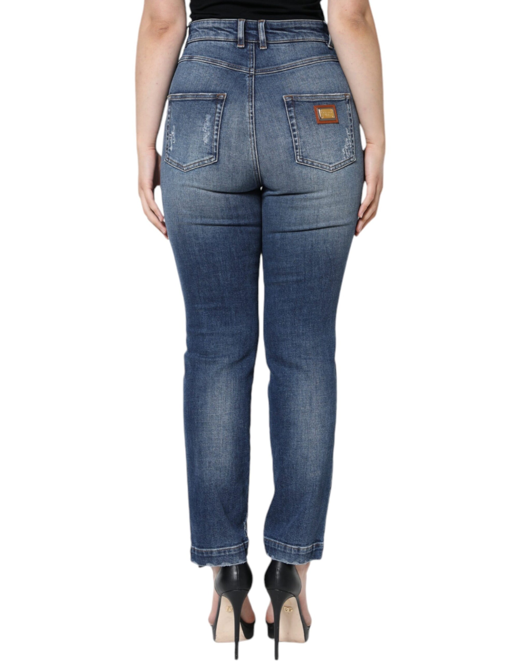 Dolce &amp; Gabbana Dark Blue Cotton Tattered Skinny Denim Jeans