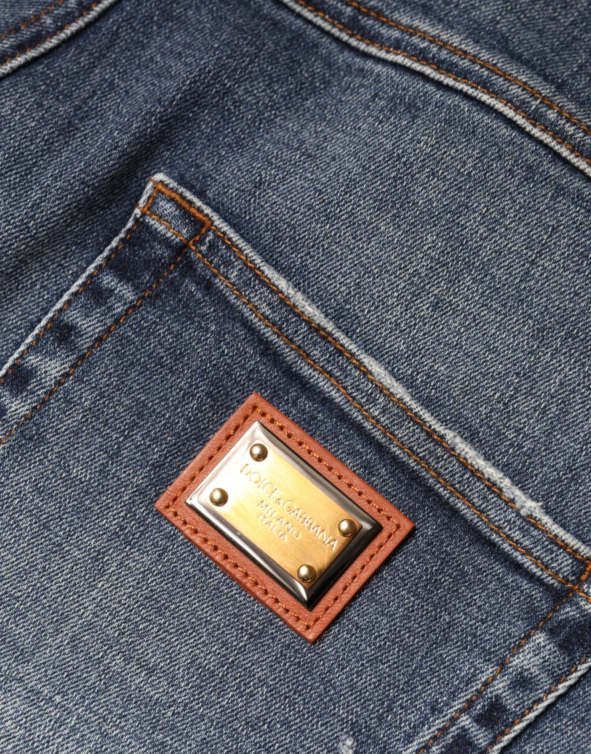 Dolce &amp; Gabbana Dark Blue Cotton Tattered Skinny Denim Jeans