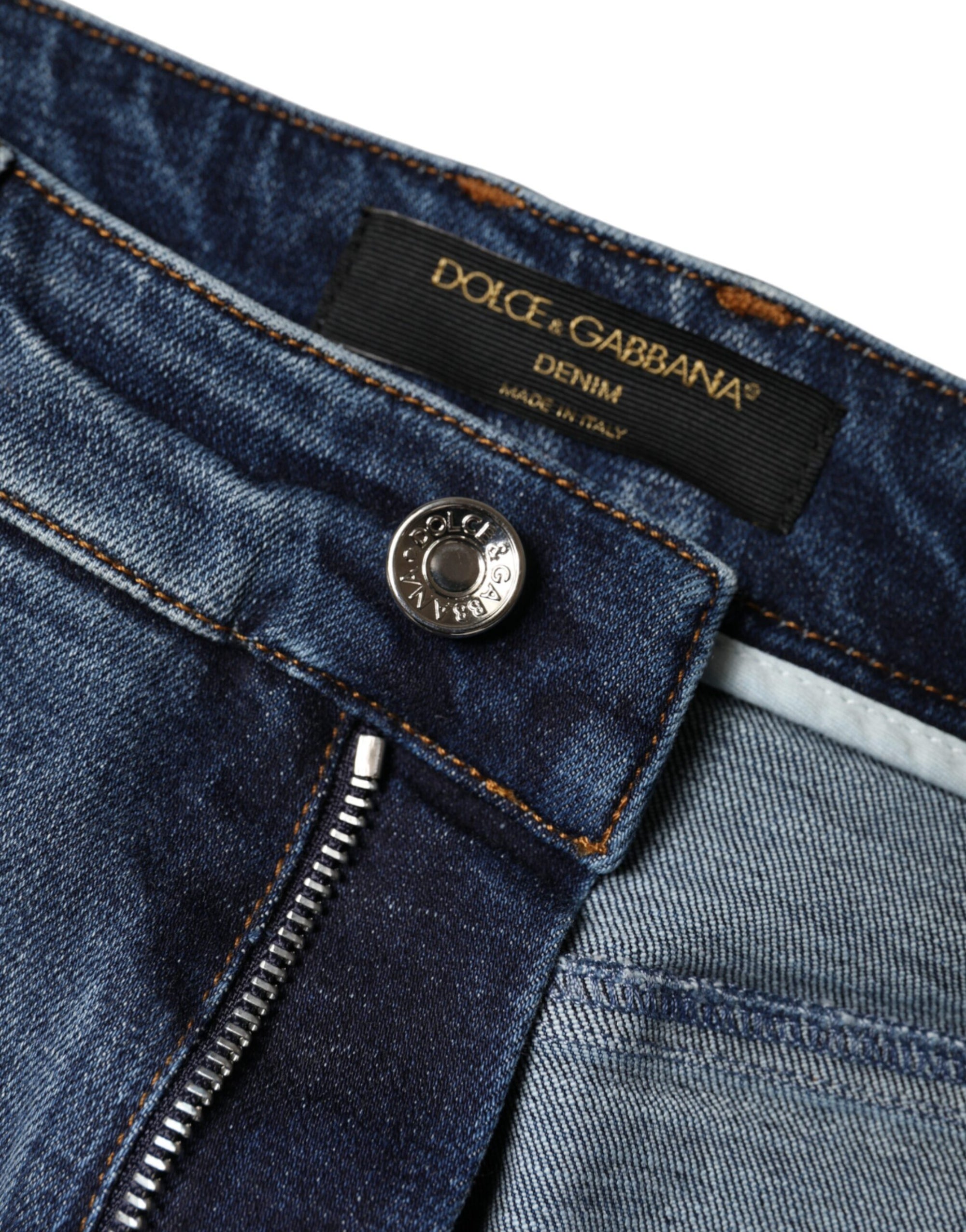 Dolce &amp; Gabbana Dark Blue Cotton Tattered Skinny Denim Jeans