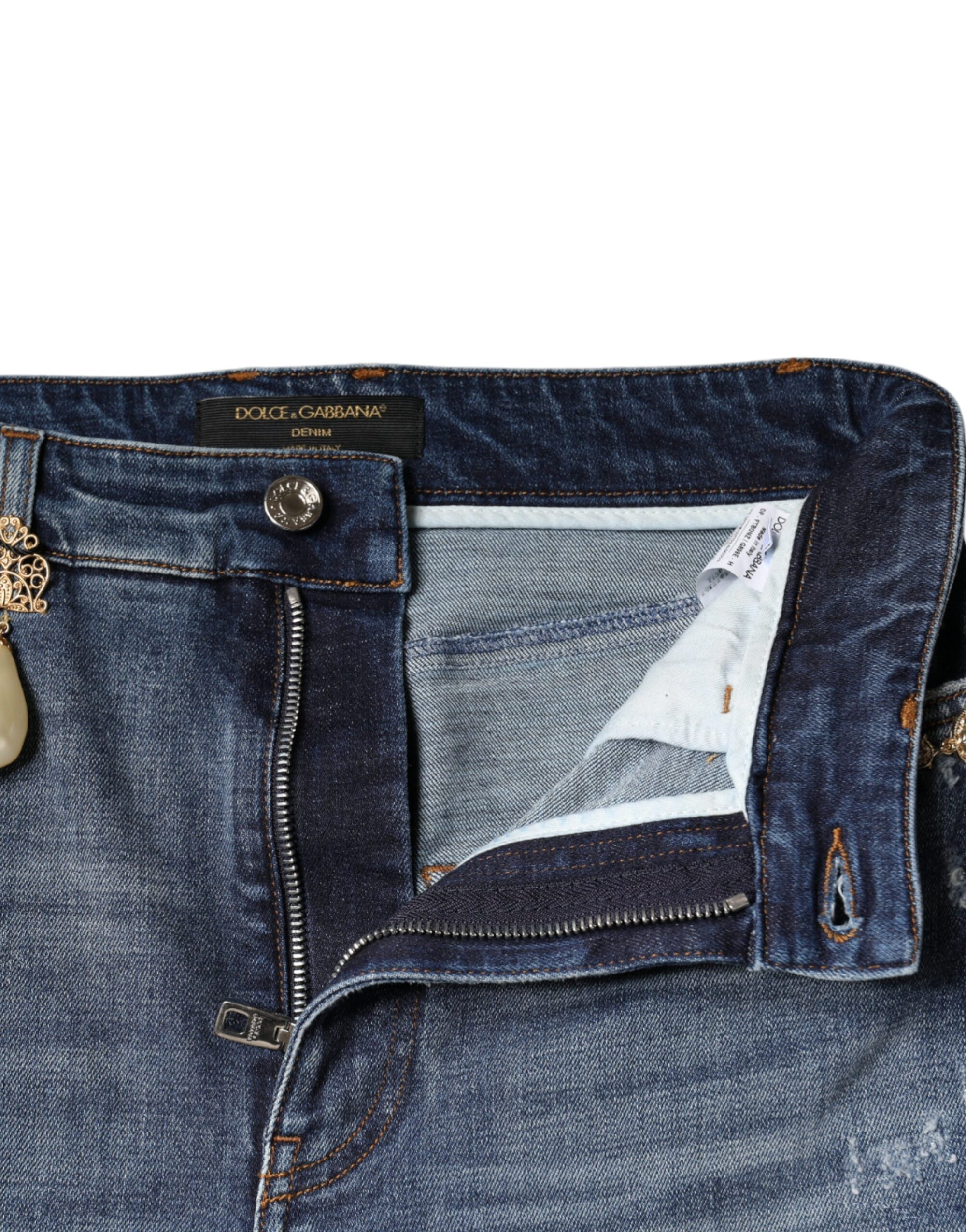 Dolce &amp; Gabbana Dark Blue Cotton Tattered Skinny Denim Jeans